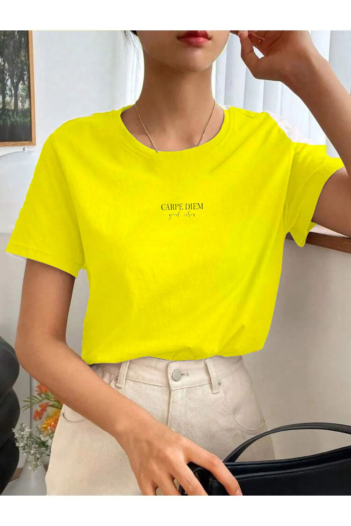 SUPER POZE Kadın CARPE DİEM Baskılı Yazlık Pamuklu Kumaş Oversize Kalıp Tshirt