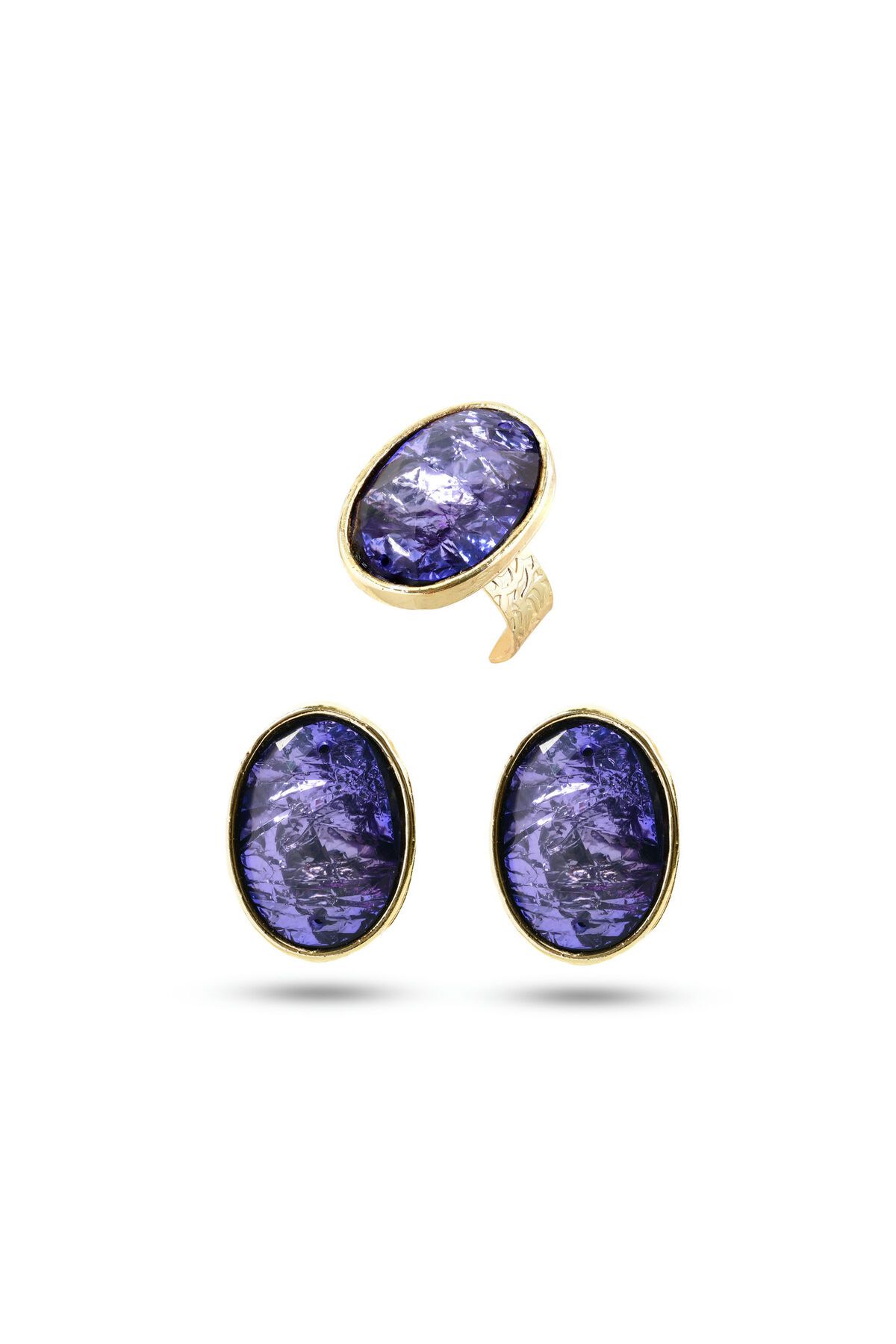 MATYA JEWELERY-Matya Gold Color Lacquer Plated Adjustable Purple Stone Studded Model Hand Craft Earrings&Rings Set 5