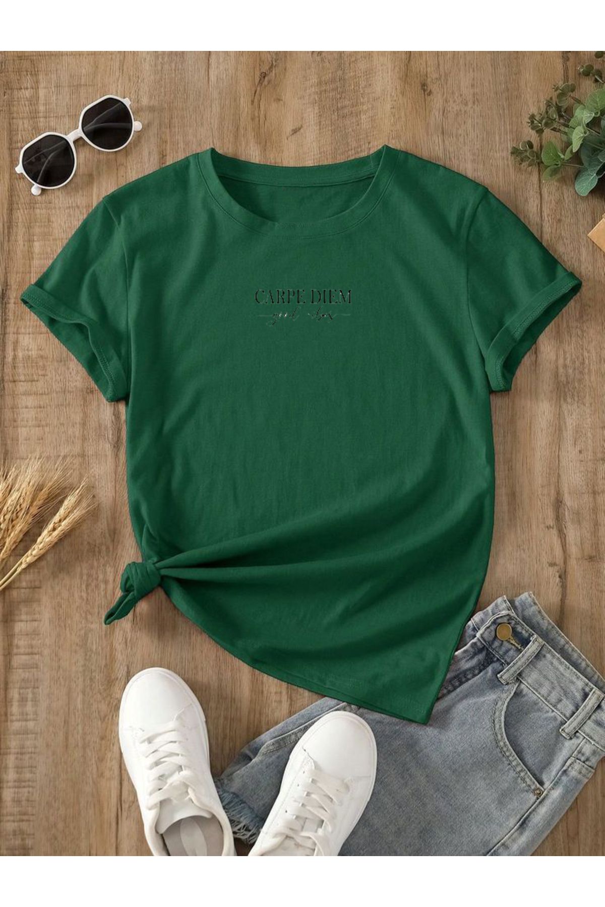 SUPER POZE Kadın CARPE DİEM Baskılı Yazlık Pamuklu Kumaş Oversize Kalıp Tshirt