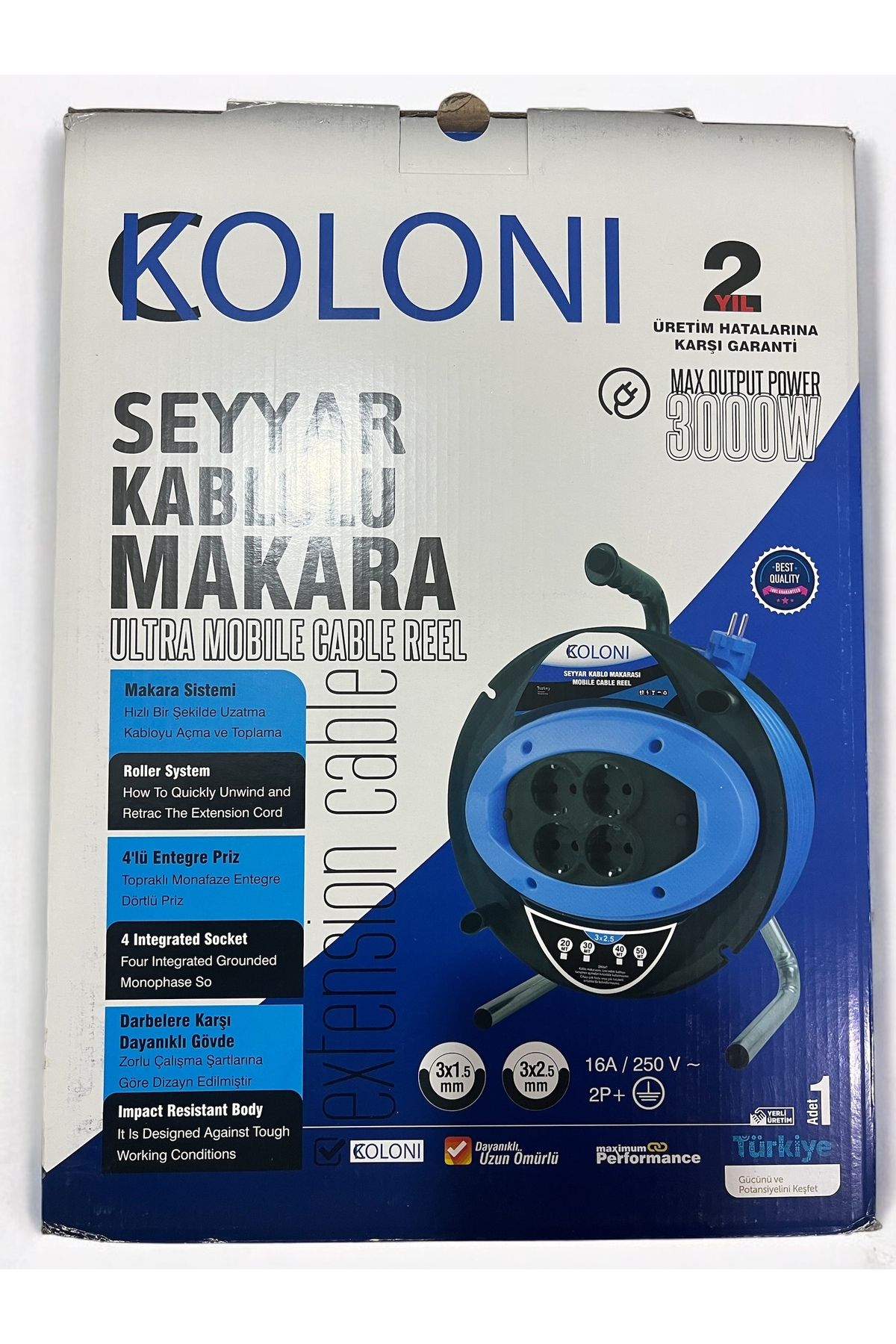 Koloni 3x1.5 50 mt makaralı seyyar kablo