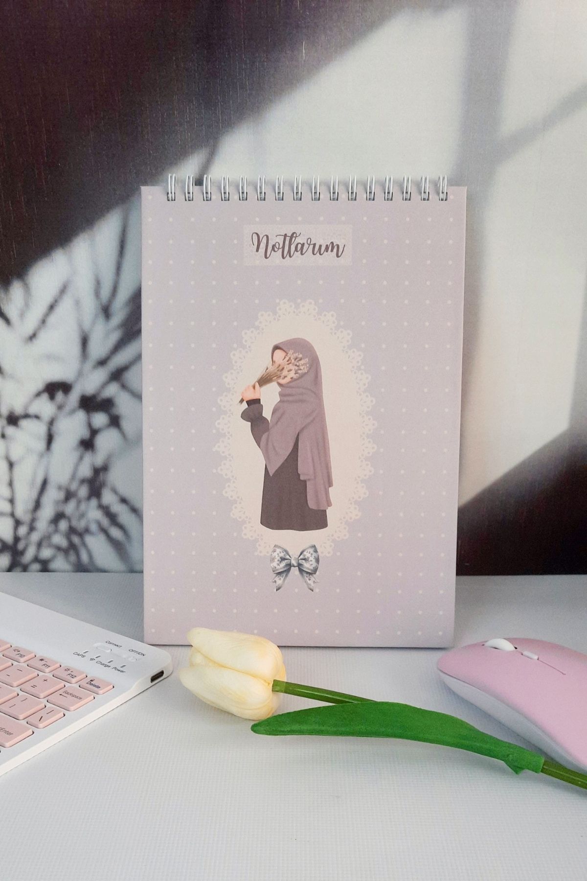 Burak Baskı Tasarım Lilac Hijab Girl / A-5 Tel Spiralli Çizgili Not Defteri Notepad, Memopad, Bloknot , Ramazan