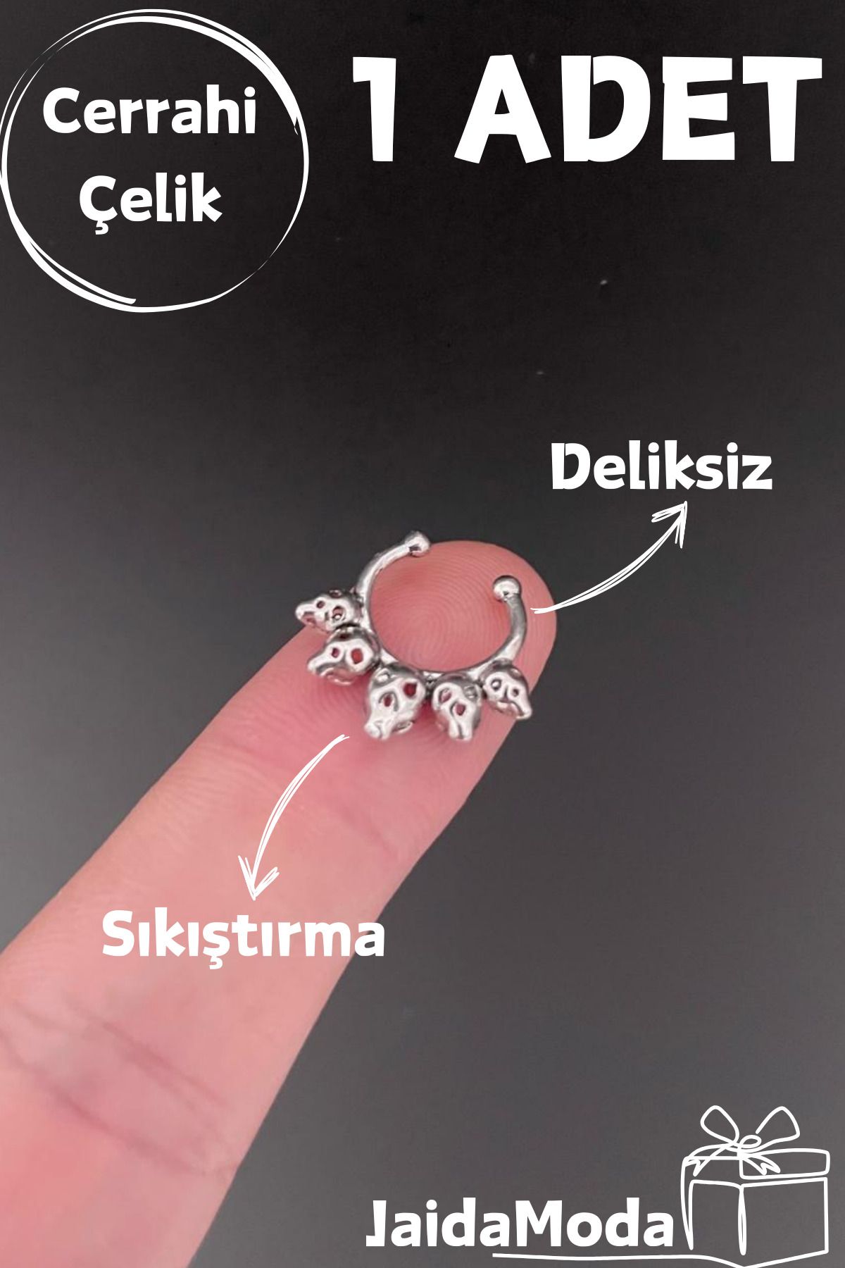 Jaida Moda Unisex Gümüş Kuru Kafalı Sıkıştırma Septum Çelik Piercing