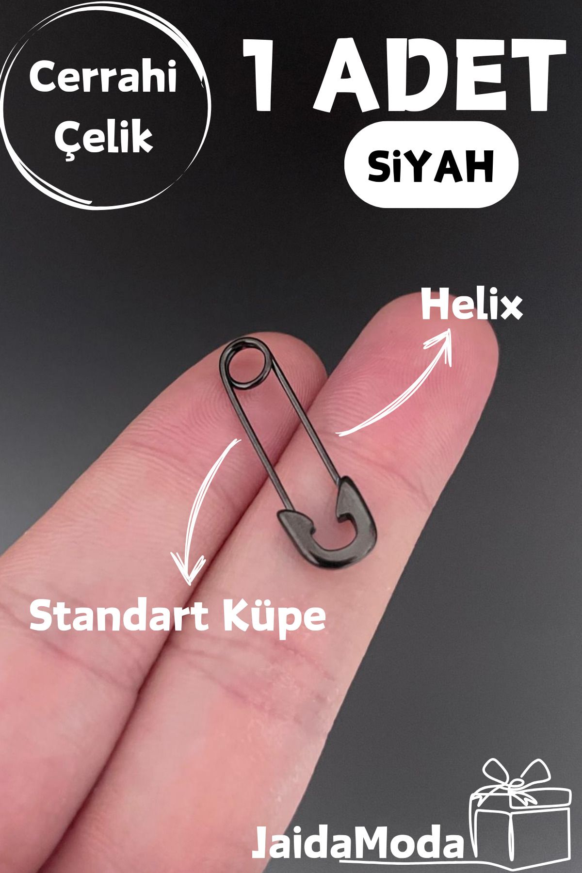 Jaida Moda Siyah Çengelli İğne Model Standart Küpe Helix Piercing