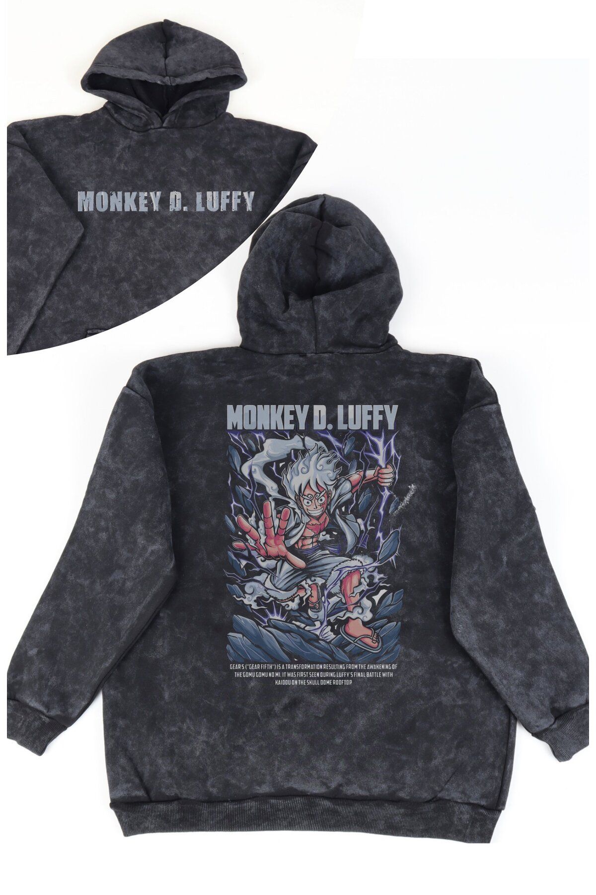 Fuddy Moda Unisex Monkey D Luffy Yazılı Sırt Baskılı Kapüşonlu Yıkamalı Sweatshirt, Oversize Anime Hoodie