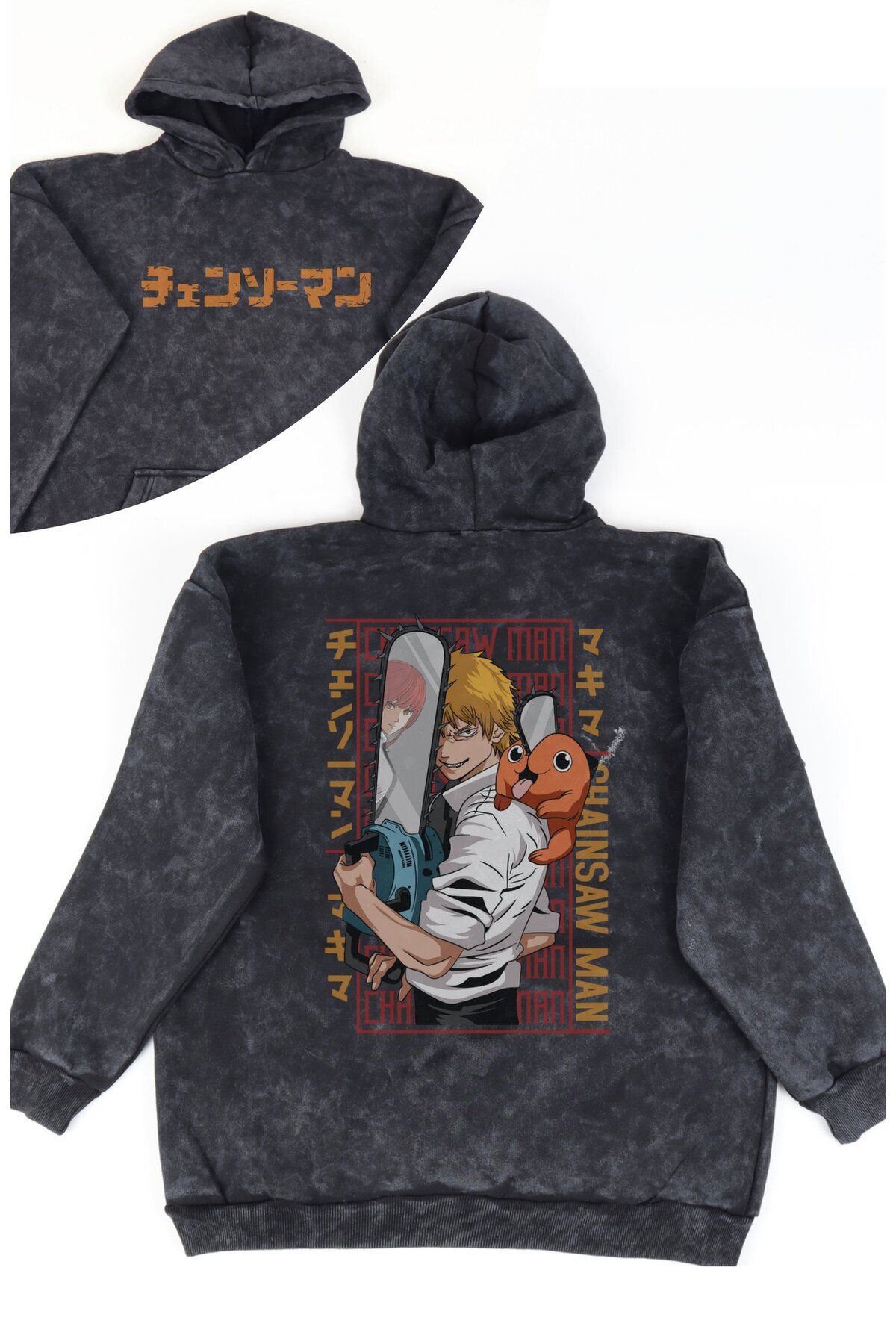 Fuddy Moda Unisex Chainsaw Man Pochita Sırt Baskılı Kapüşonlu Yıkamalı Sweatshirt,Oversize Anime Temalı Hoodie