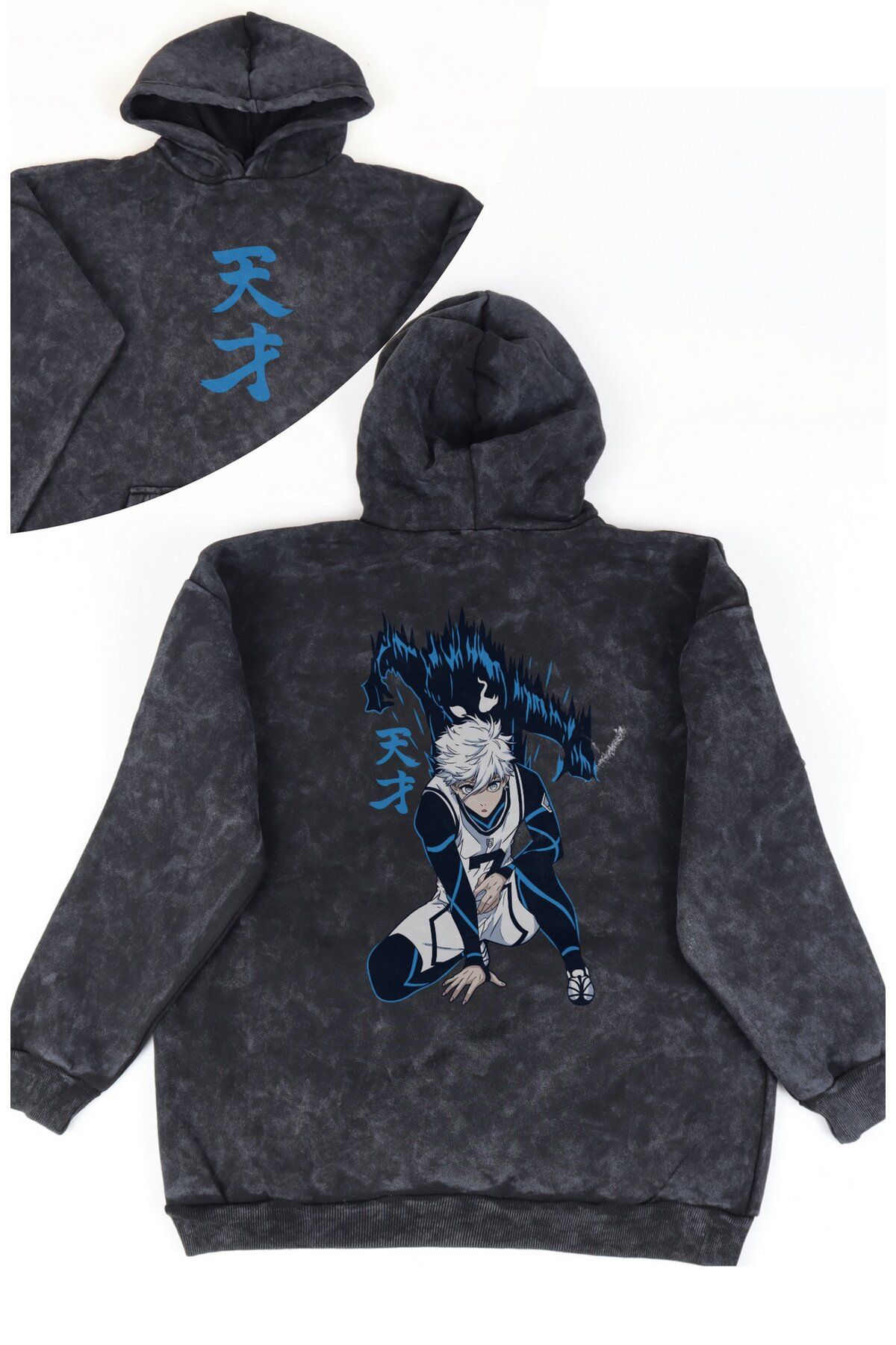 Fuddy Moda Unisex Seishiro Nagi Sırt Baskılı Kapüşonlu Yıkamalı Sweatshirt, Oversize Bluelock Anime Hoodie