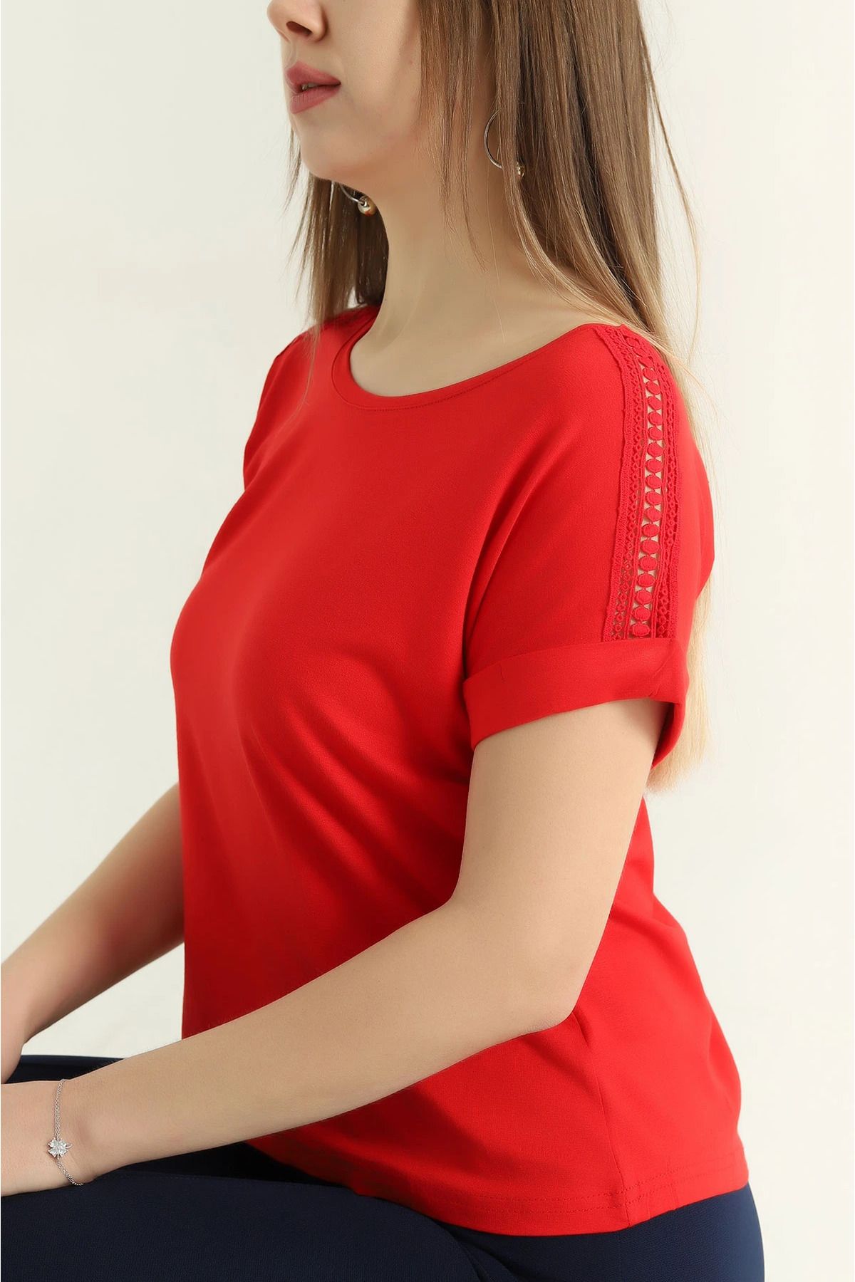 vuvutasarım-New Season Red Lace Shoulder Viscose Blouse 3