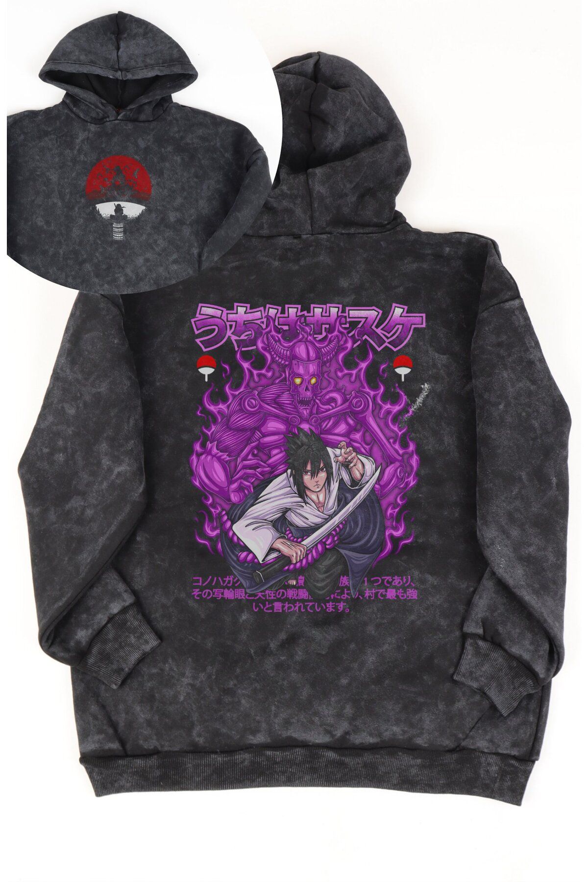 Fuddy Moda Unisex Sasuke Uchiha Sırt Baskılı Kapüşonlu Yıkamalı Sweatshirt,Oversize Anime Naruto Temalı Hoodie