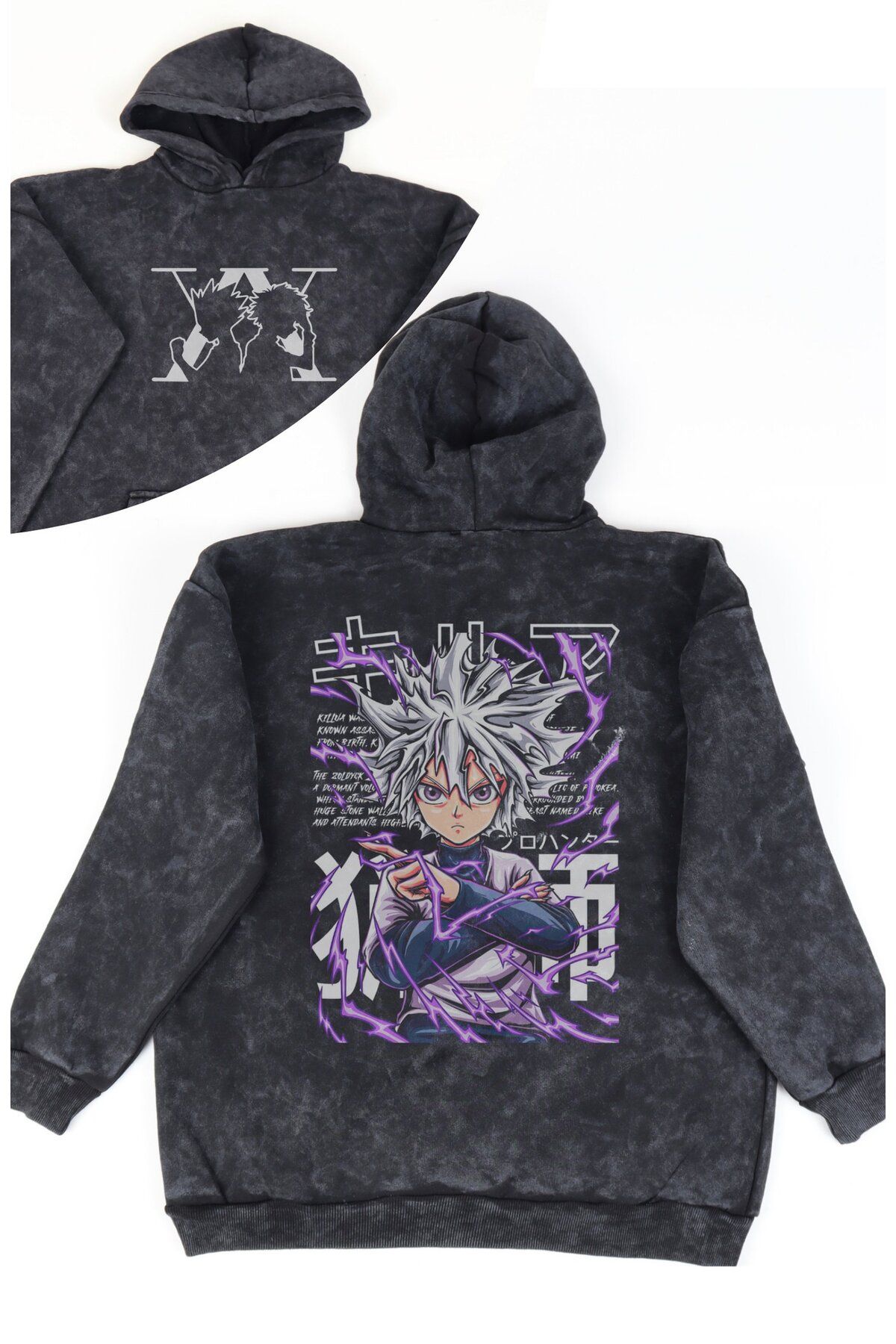 Fuddy Moda Unisex Hunter X Hunter Killua Sırt Baskılı Kapüşonlu Yıkamalı Sweatshirt, Oversize Anime Hoodie