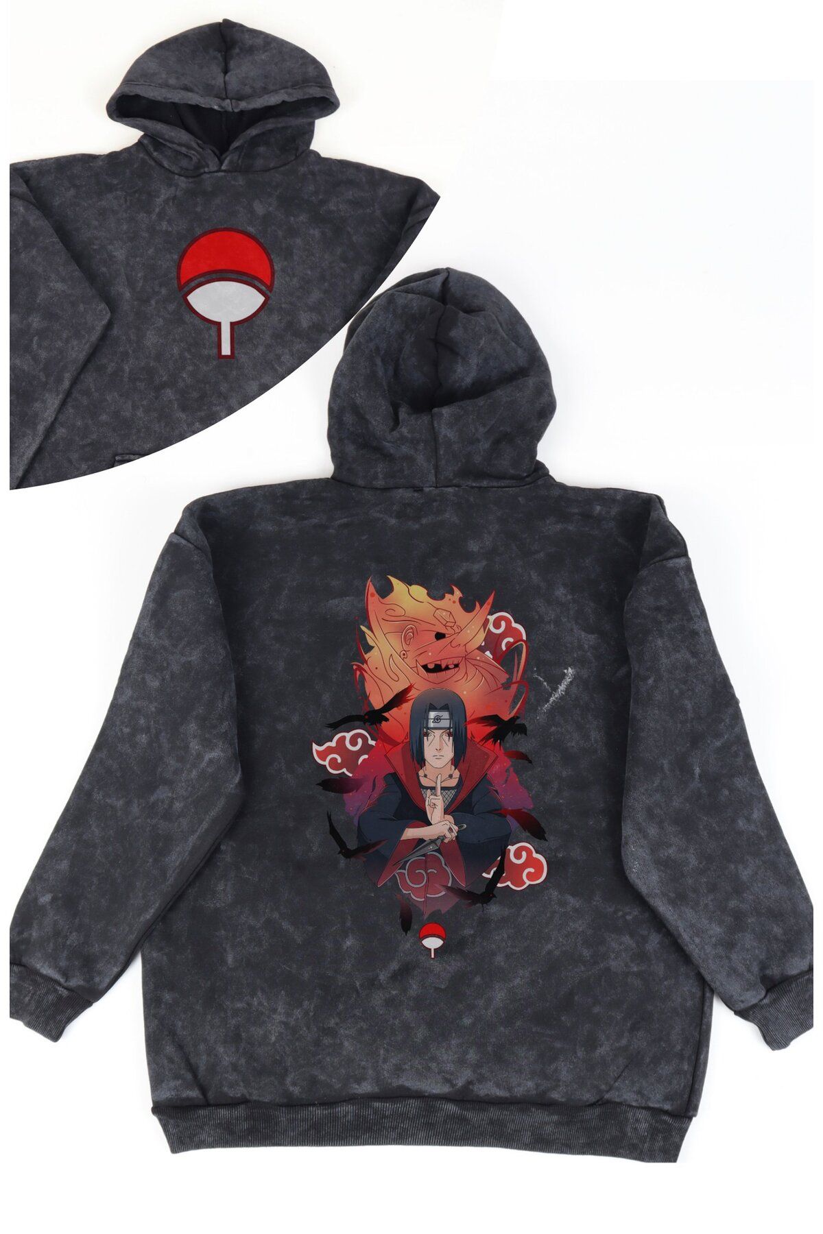 Fuddy Moda Unisex Naruto Itachi Sırt Baskılı Kapüşonlu Yıkamalı Sweatshirt, Oversize Anime Temalı Retro Hoodie