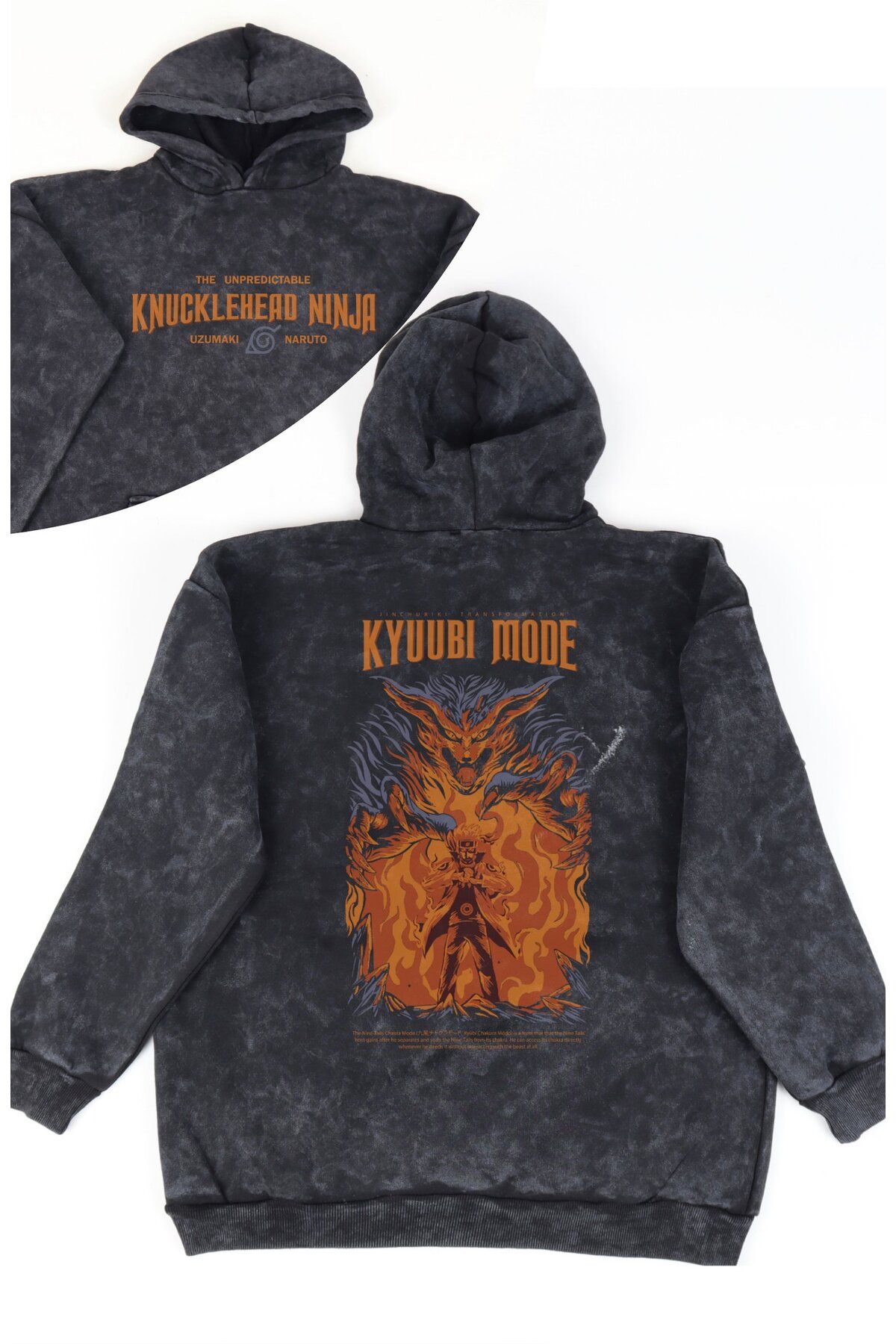 Fuddy Moda Unisex Kyuubi Mode Kurama Sırt Baskılı Kapüşonlu Yıkamalı Sweatshirt, Oversize Anime Naruto Hoodie