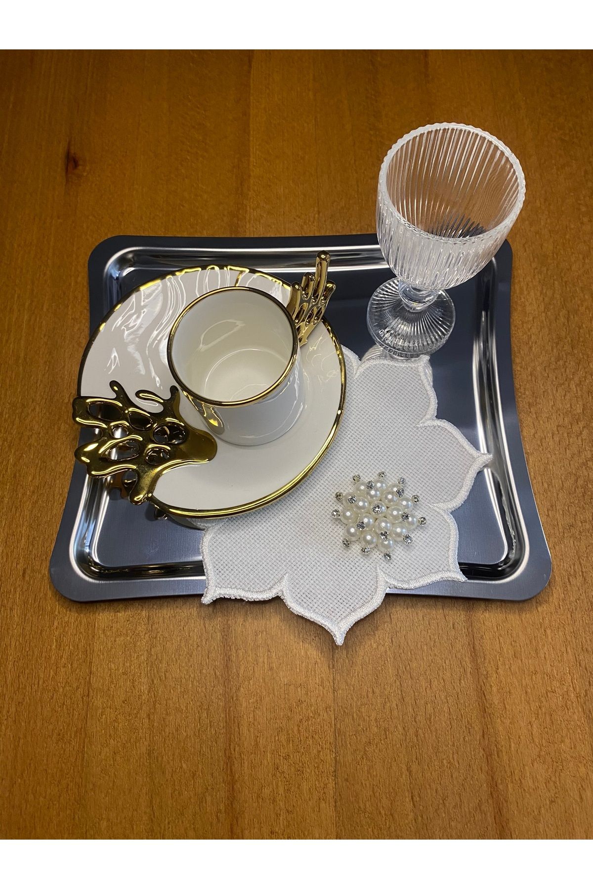 Smiling Home-2 Pieces Linen Linen Ecru Color Pearls Star Pattern Cocktail Presentation Napkins 2