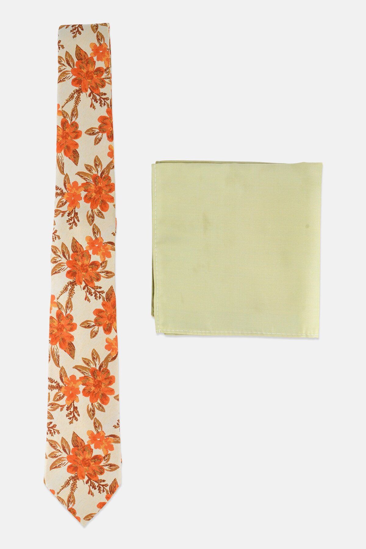 Asos Design-Men 2 Pcs Floral Print Tie And Pocket Square, Light Olive 1