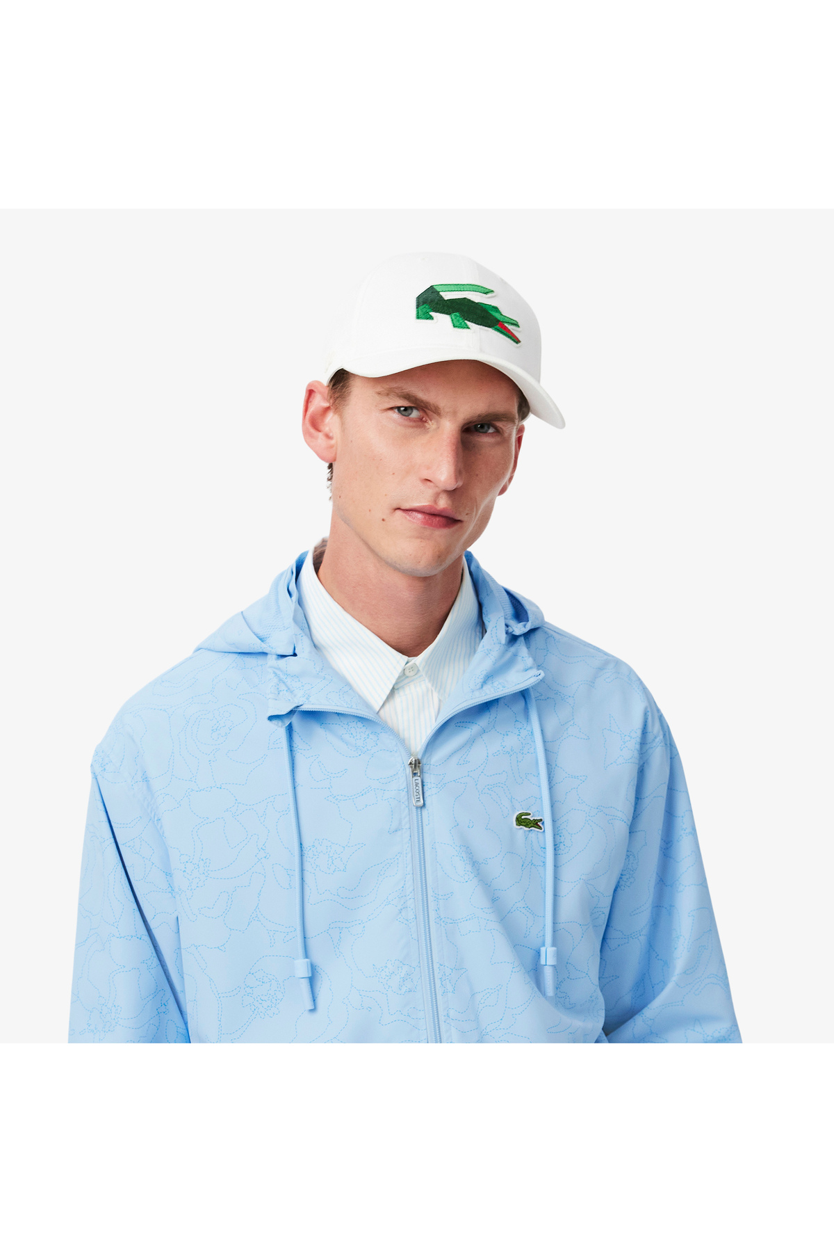 Lacoste  Erkek Regular Fit Kapüşonlu Desenli Mavi Rüzgarlık - Görsel 2