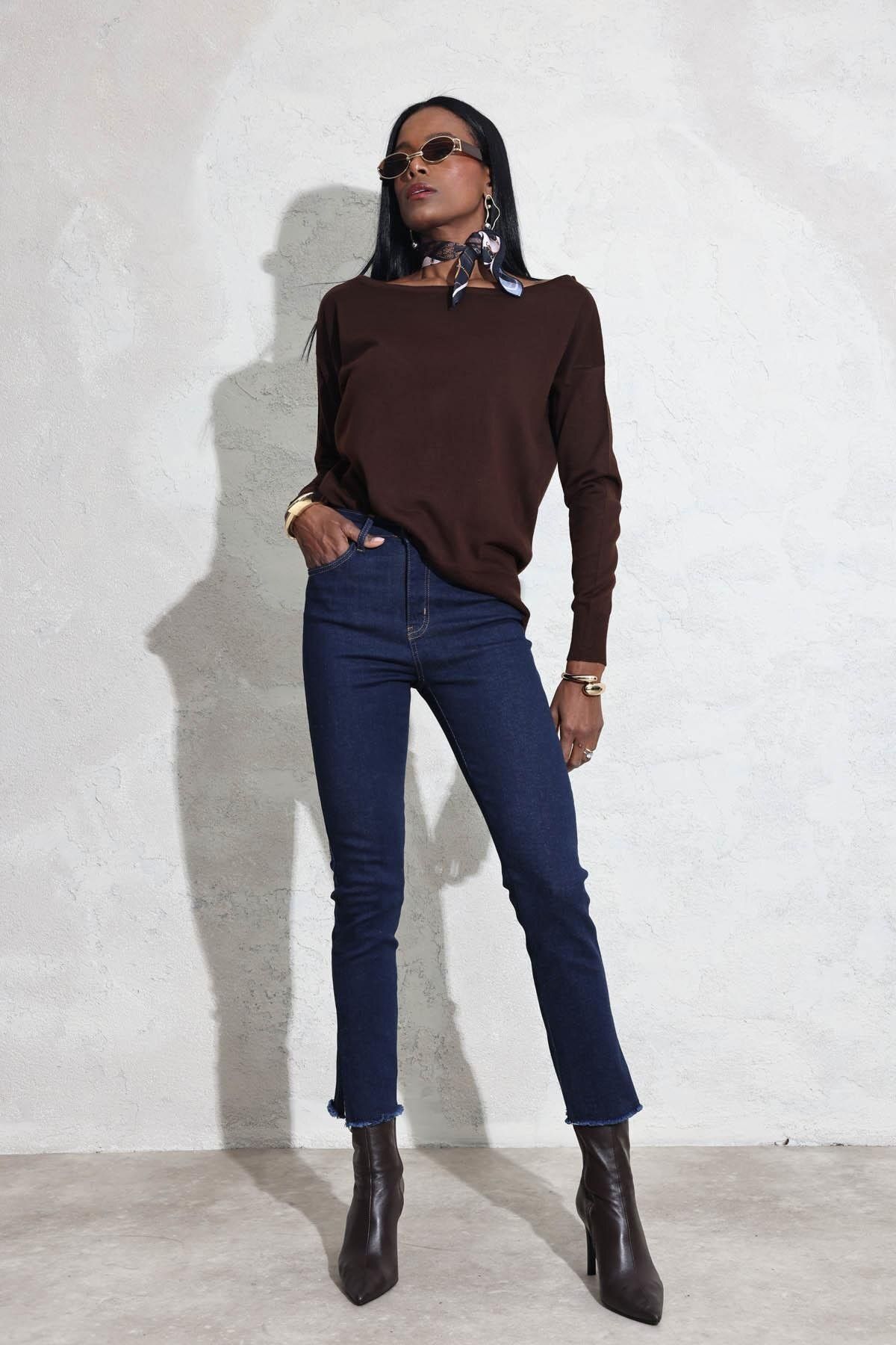 5in1Canpolat-Dark Navy High Waist Leg Slit Jeans 7413 2