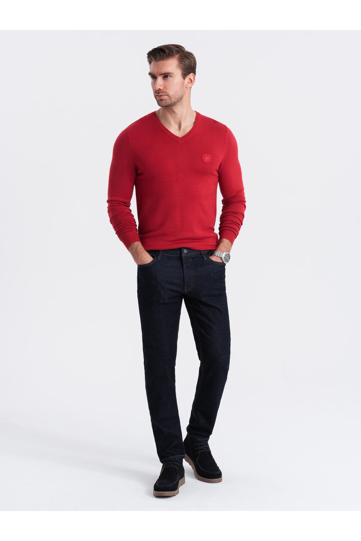 OMBRE-Eleganter Herren V-Ausschnitt BASIC Pullover mit Viskose - rot V20 OM-SWBS-0107 S 5