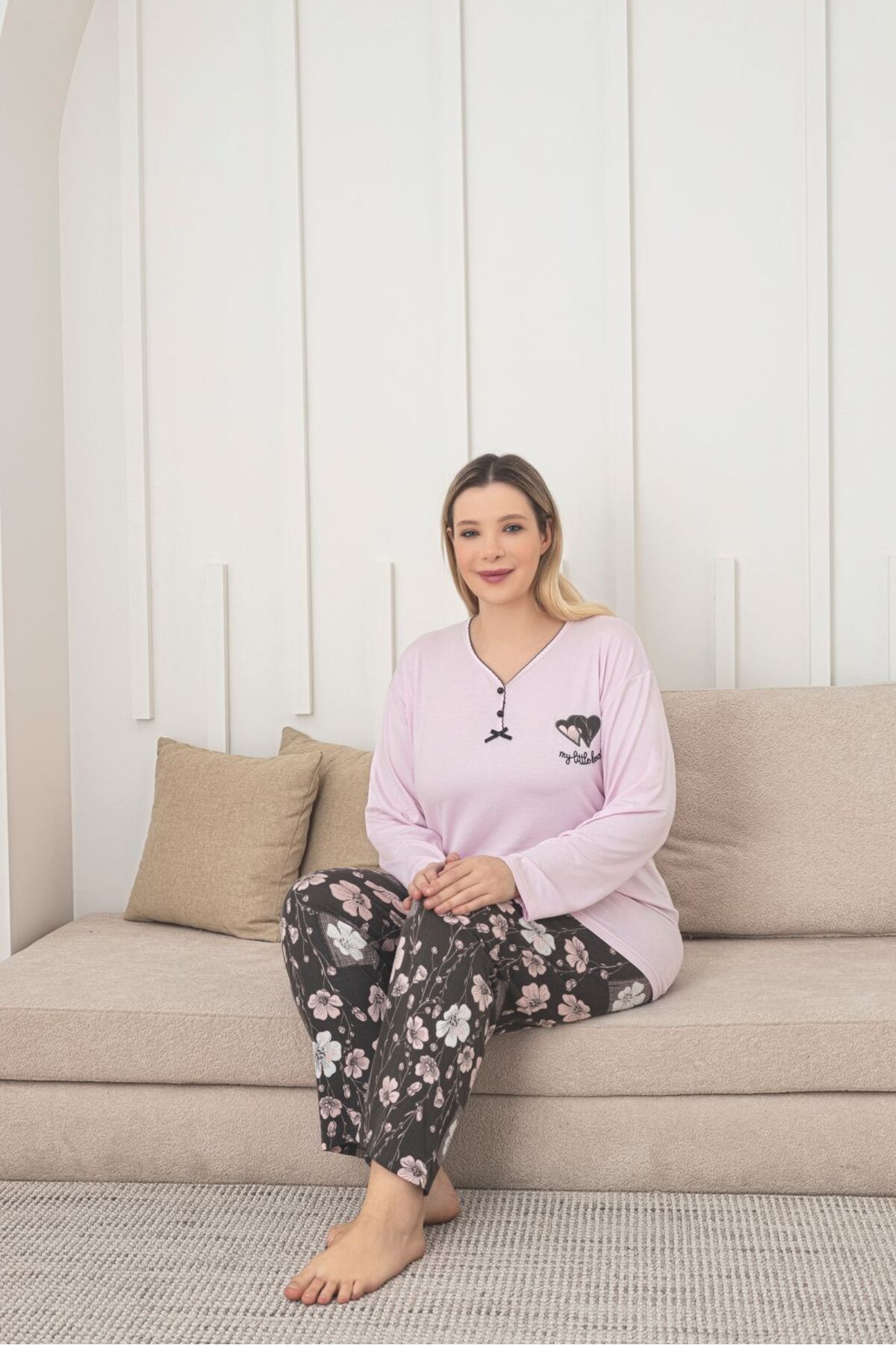 Asel Büyük Beden Likralı Desenli Pijama Takımı