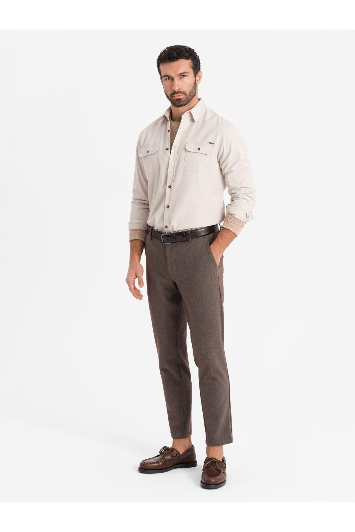OMBRE-Ανδρικό βαμβακερό πουκάμισο REGULAR FIT με τσέπες με κουμπιά - κρεμ V1 OM-SHCS-0146 XL 5