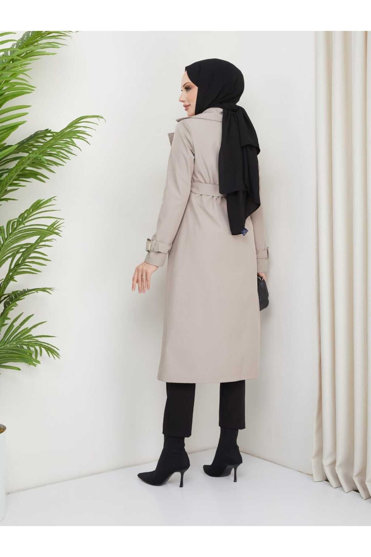 ELBİSHE-Waist Tie Sleeve Detailed Hijab Trench Coat 4