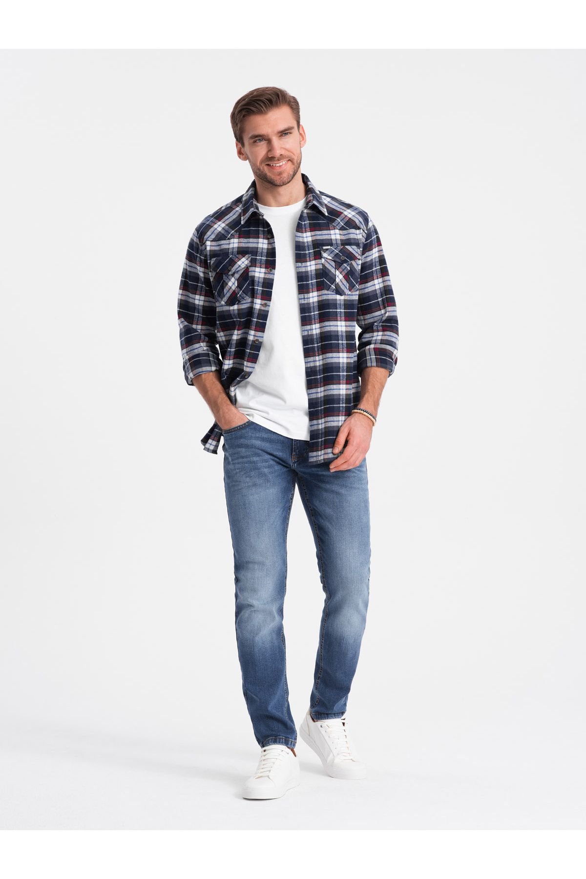 OMBRE-Men's checkered flannel shirt with pockets - navy blue and red V2 OM-SHCS-0149 XXL 3