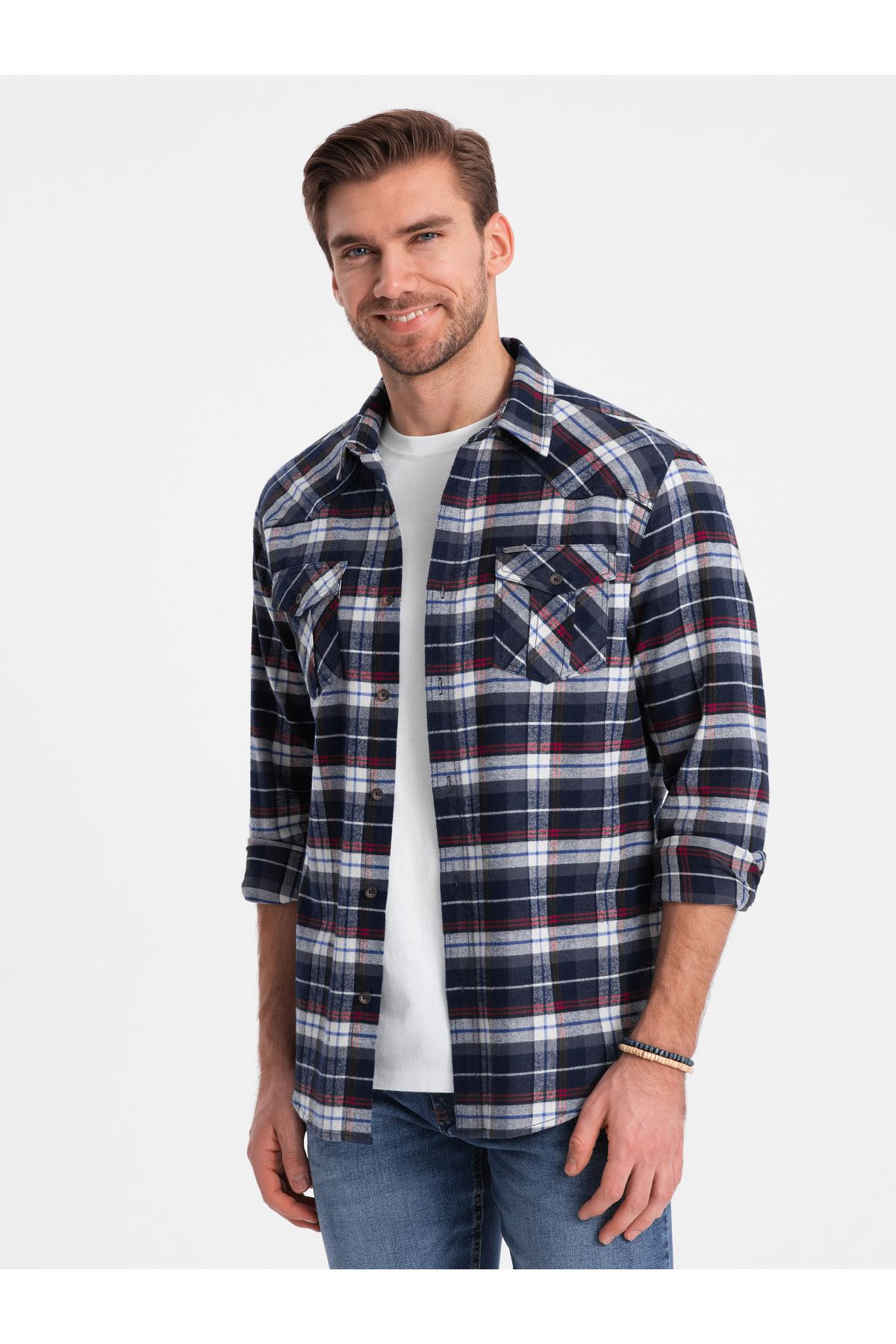 OMBRE-Men's checkered flannel shirt with pockets - navy blue and red V2 OM-SHCS-0149 XXL 4