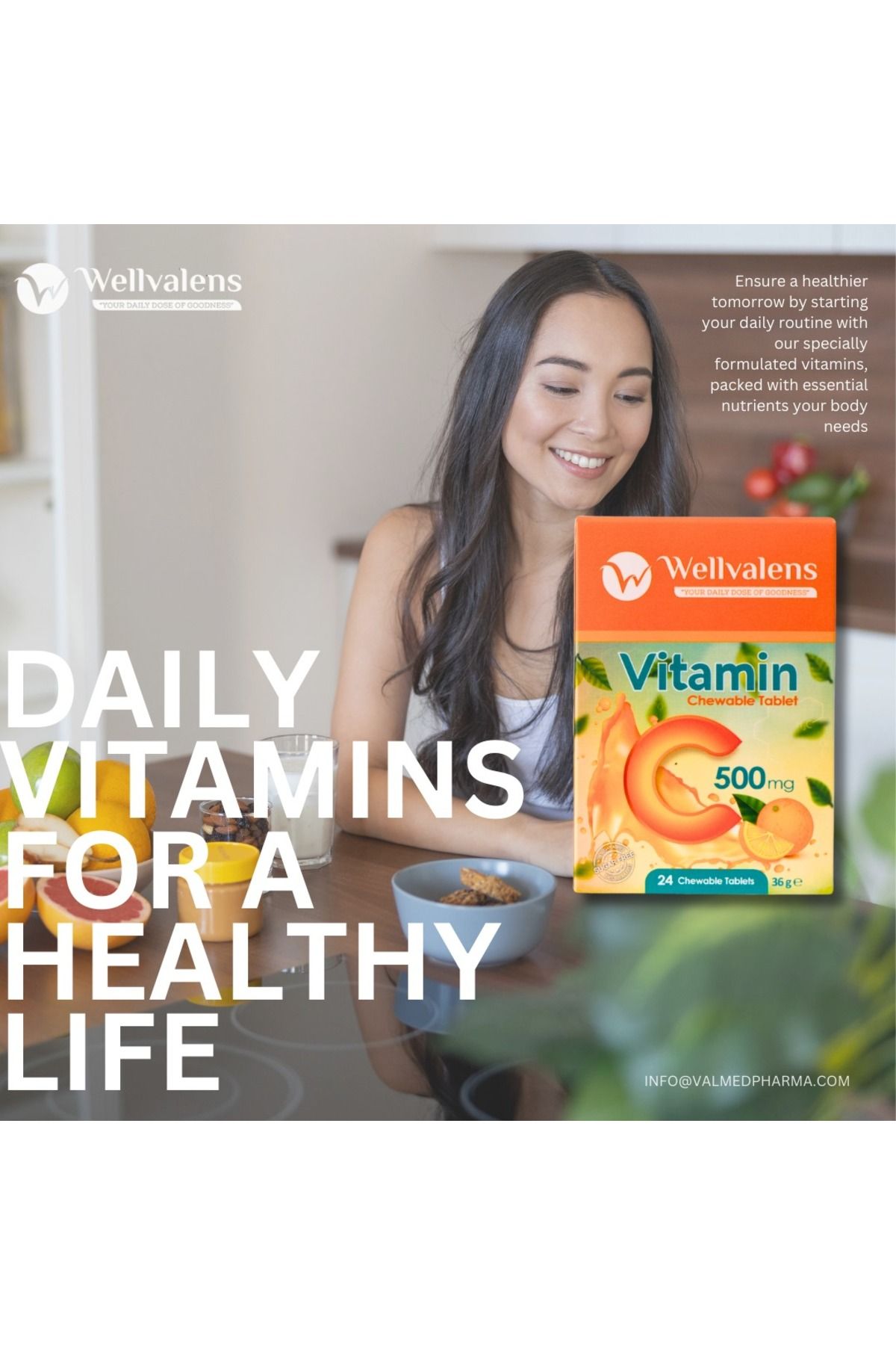 Wellvalens Vitamin C 500 mg Çiğnenebilir Tablet - Şekersiz, Vegan, 24 Tablet