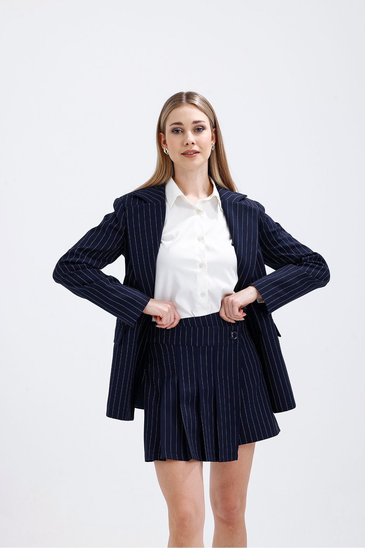 Abay-Stripe Detailed Blazer Jacket Shorts Skirt Set 6