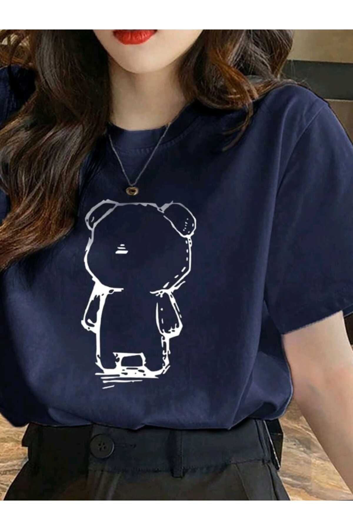 WOODROFFE Kadın Cute Bear Baskılı Tasarım Tshirt Oversize Salaş (1001)