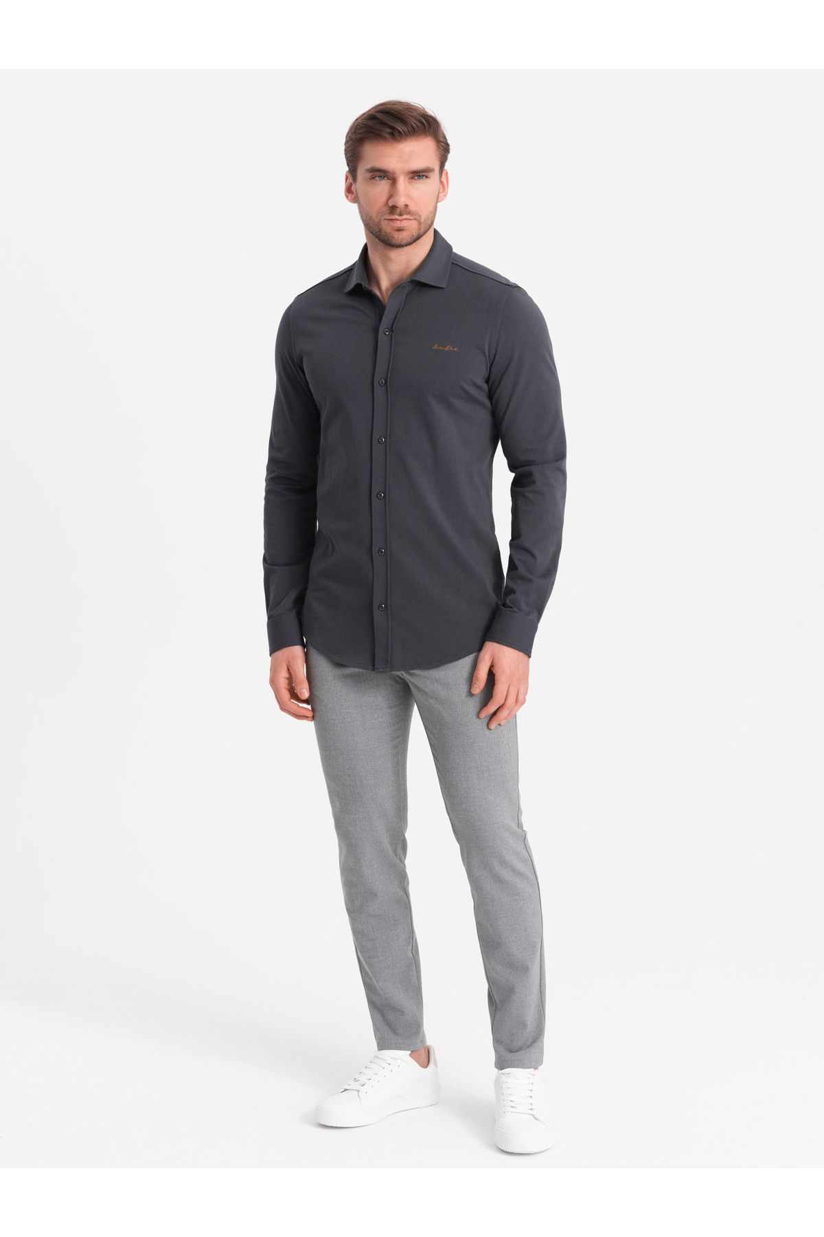 OMBRE-Herren REGULAR Baumwoll-Single-Jersey-Strickhemd - Graphit V6 OM-SHCS-0138 XXL 4