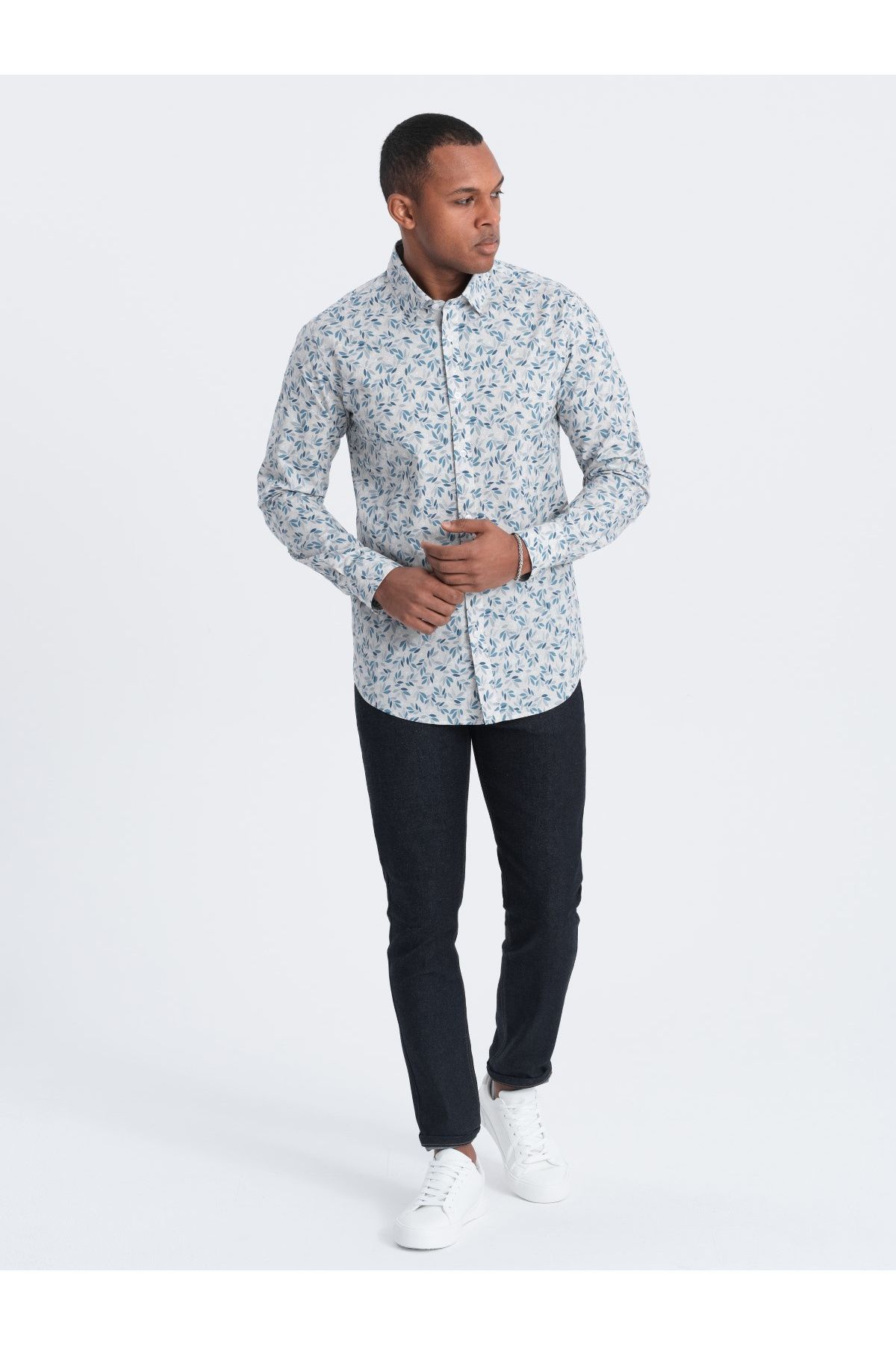 OMBRE-Herren SLIM FIT Hemd im Zweig-Print - blaugrau V2 OM-SHPS-0163 L 5
