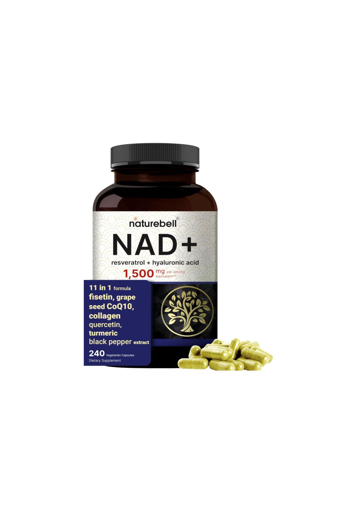 Naturebell , NAD+ 1,500mg Complex with Resveratrol Plus Hyaluronic Acid, Quercetin, Fisetin, 240 veg capsules