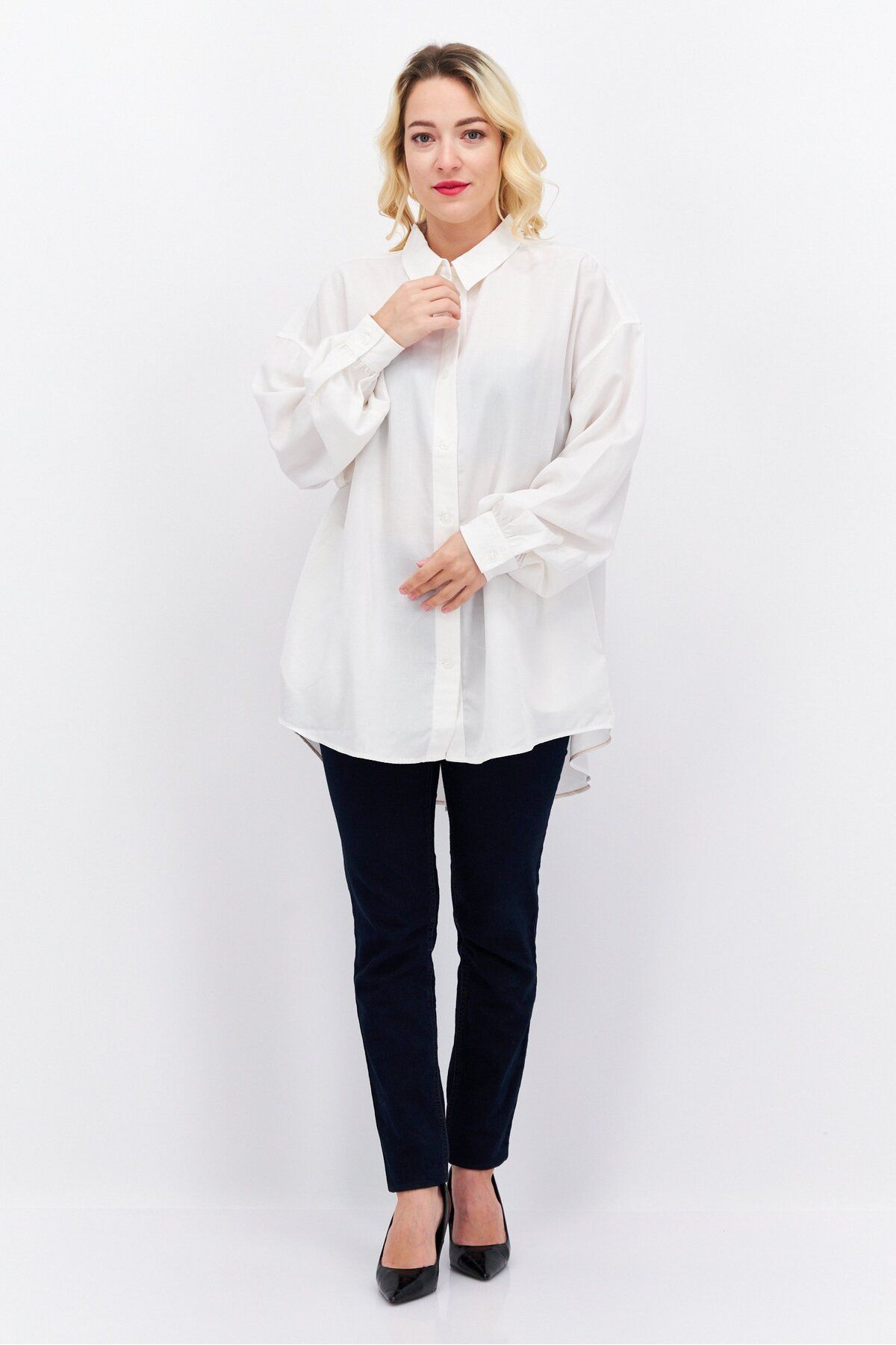 Esprit-Women Oversize Pointed Neck Long Sleeve Solid Blouse, White 4