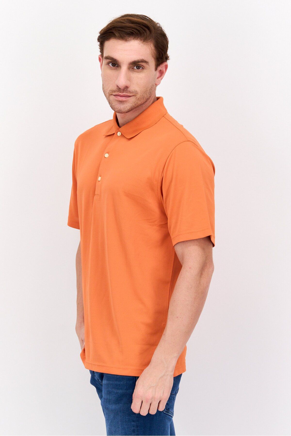 Greg Norman-Men Performance Fit Short Plain Sleeve Polo Shirt, Orange 2