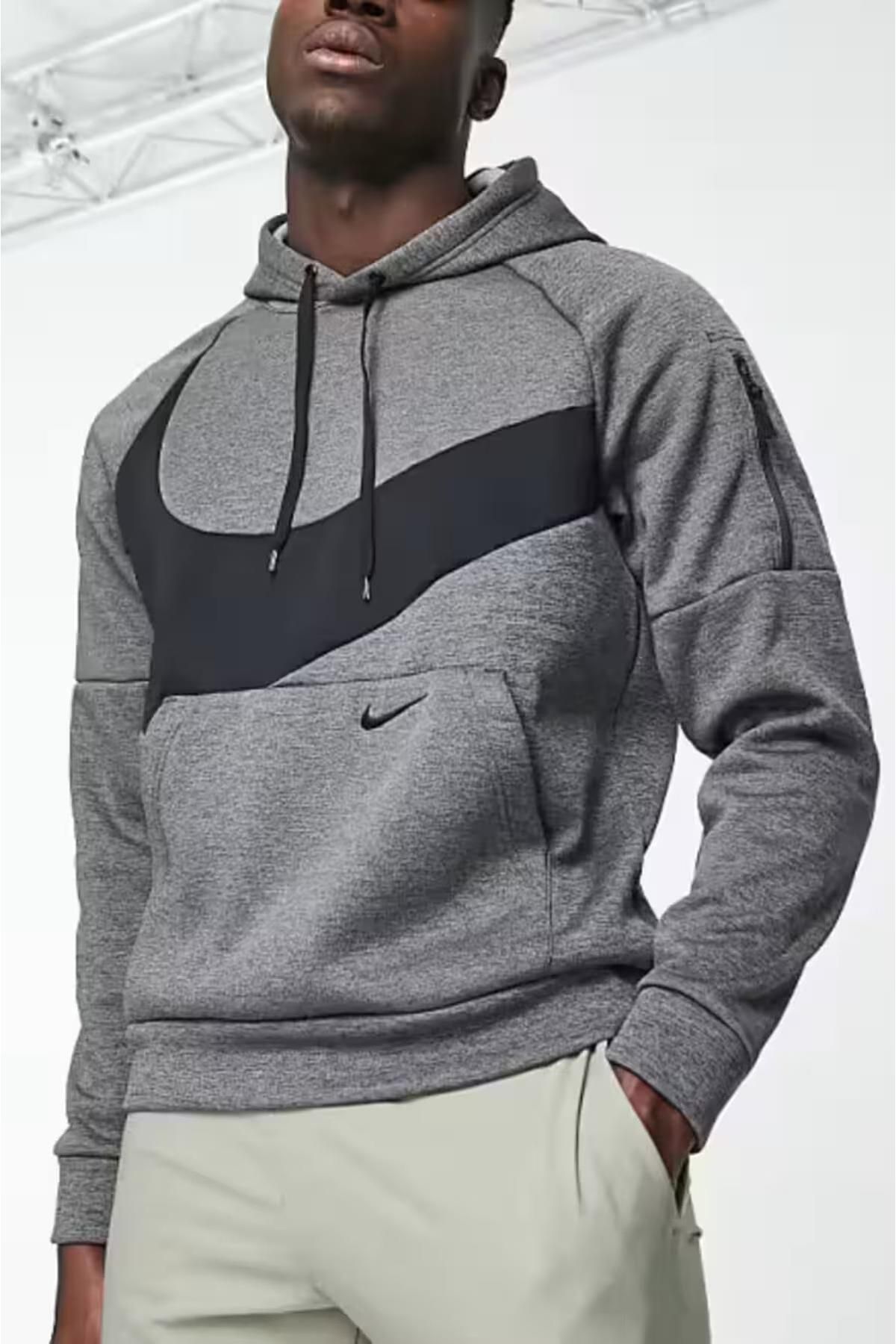 Nike-Men's Gray Therma-Fit Swoosh Graphic Fitness Hoodie Sports Sweatshirt 1