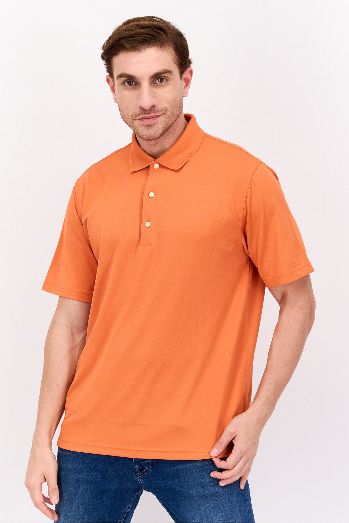 Greg Norman-Men Performance Fit Short Plain Sleeve Polo Shirt, Orange 1