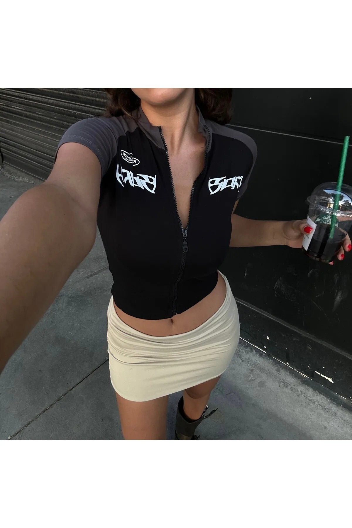 weywot  Siyah Harajuku Streetstyle Sport Fermuarlı Kısa Kollu Crop Hırka - Görsel 2