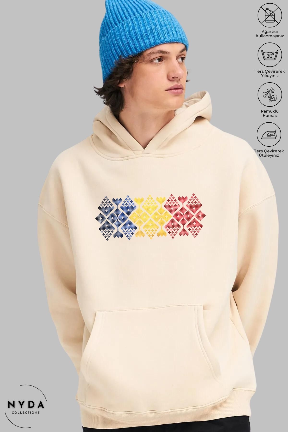 Nyda Collections Unisex Hoodie Uzun Kollu Romania Cusatura Baskılı Kapüşonlu Şardonlu Oversize Pamuk Sweatshirt