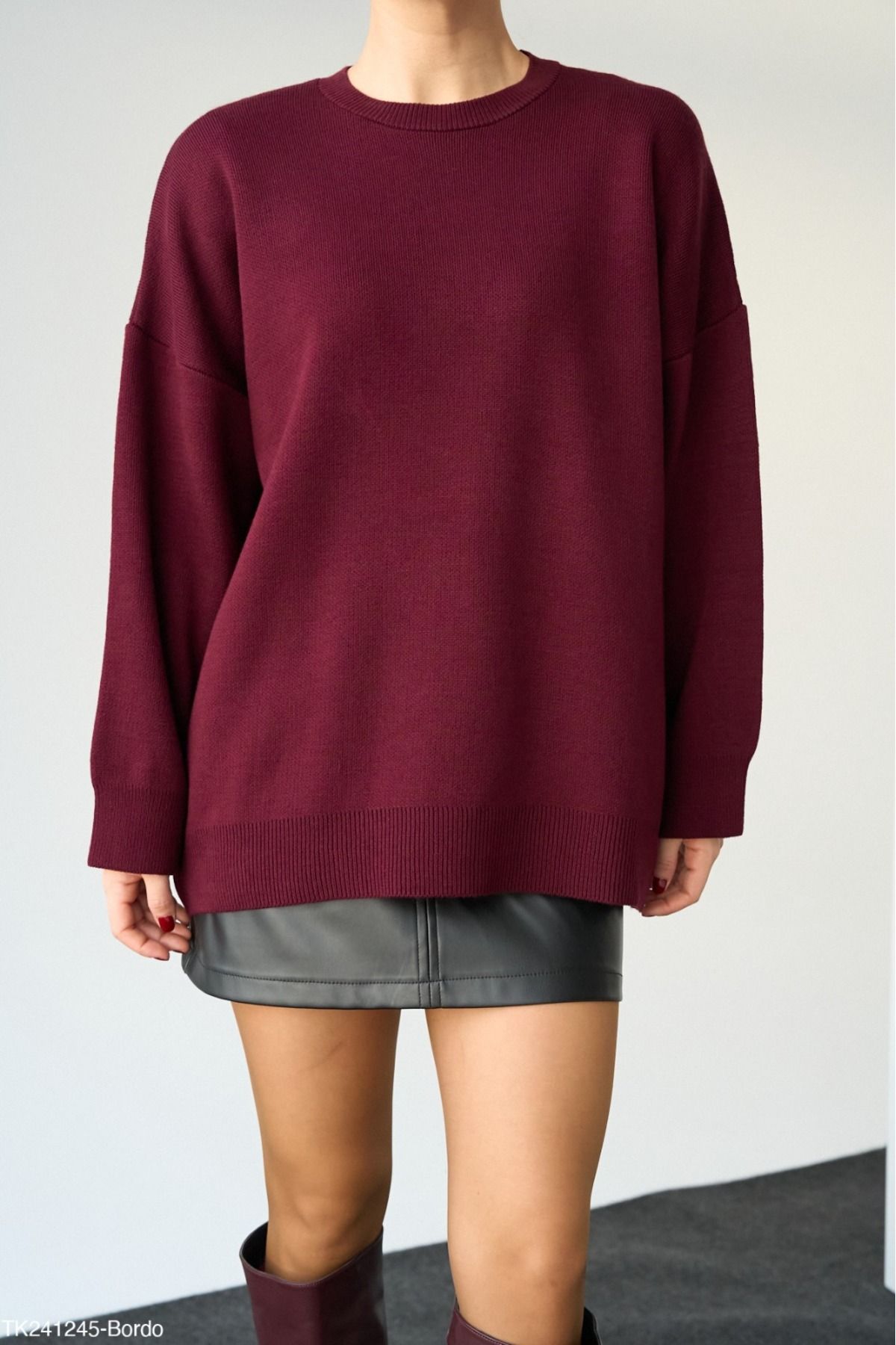 Lupies Kadın Bordo Bisiklet Yaka Oversize Basic Triko Kazak