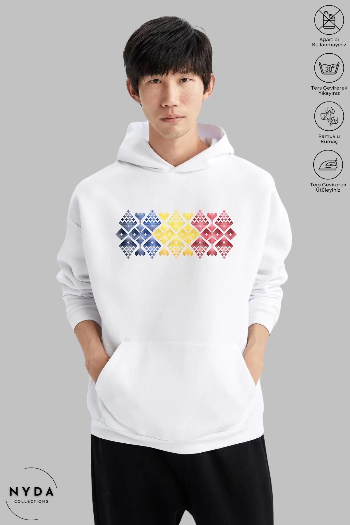 Nyda Collections Unisex Hoodie Uzun Kollu Romania Cusatura Baskılı Kapüşonlu Şardonlu Oversize Pamuk Sweatshirt