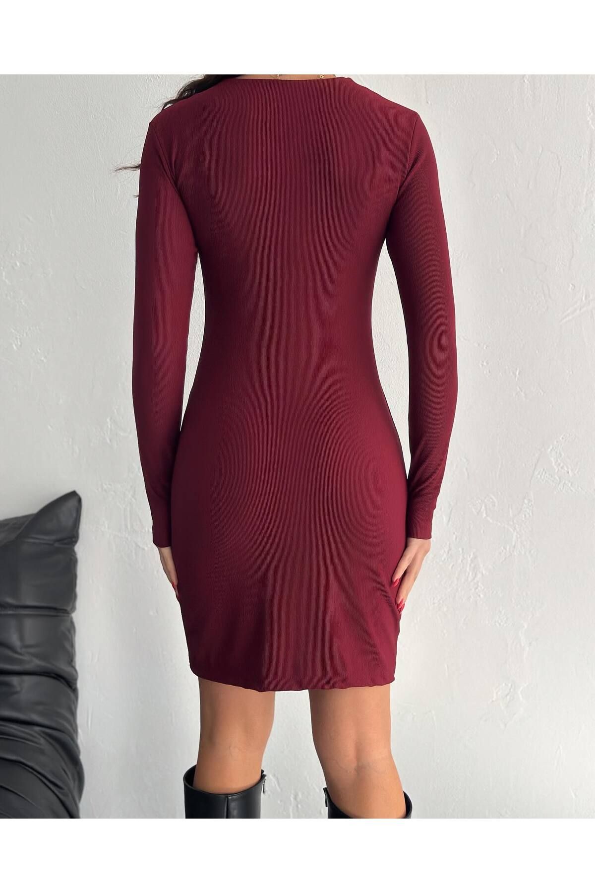 Cistern İstanbul-Women's Burgundy V Neck Detail Long Sleeve Dress 3