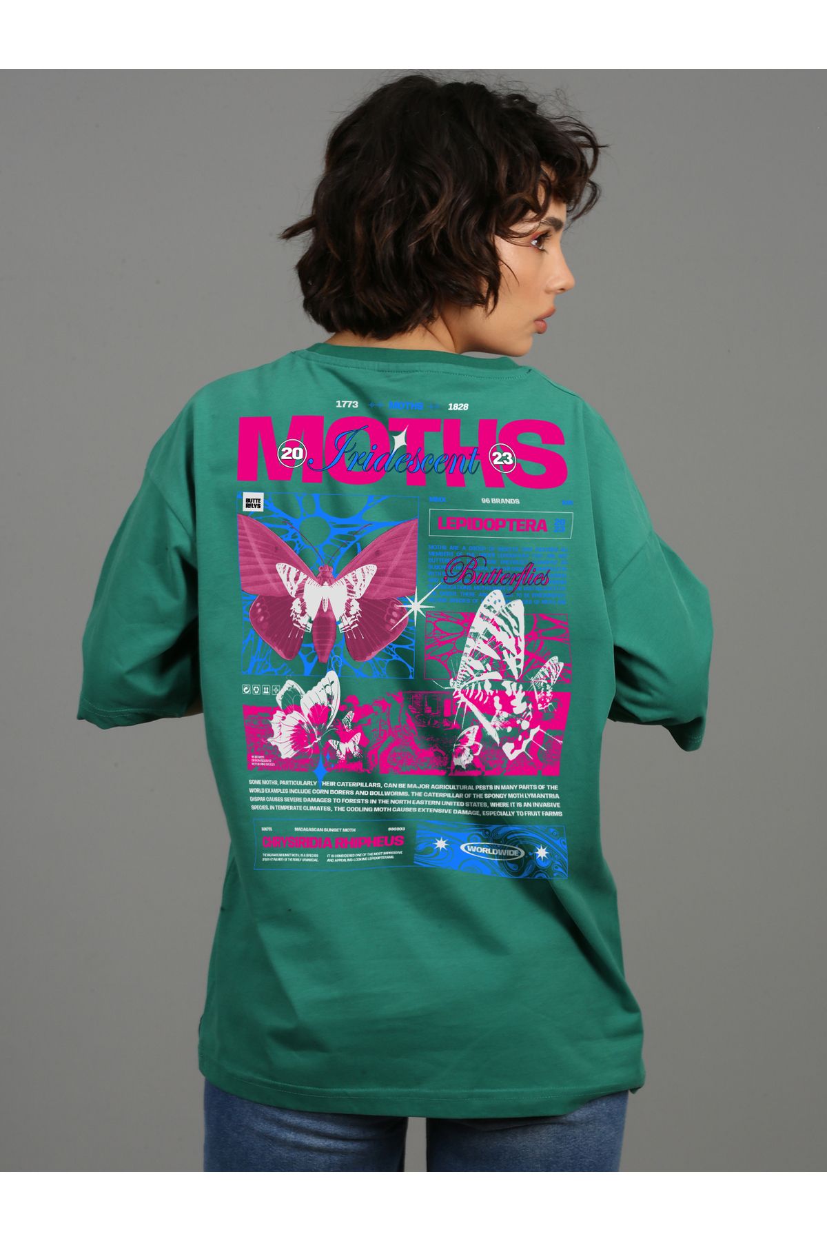 SOFT Premium Oversize  Unisex Baskılı T-shirt Moths - Yeşil