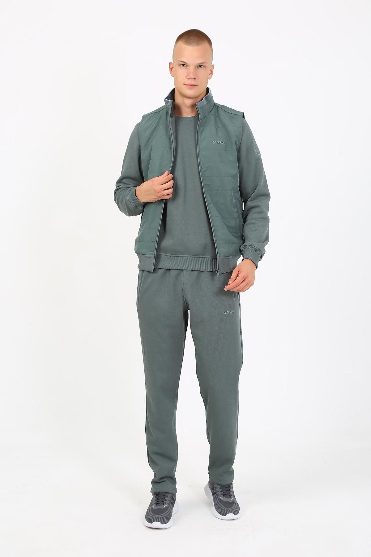 Escetic-Water Green Men's Tracksuit Set - 3 Thread Lakos, 5 Pockets, Triple, Vest Tk 4