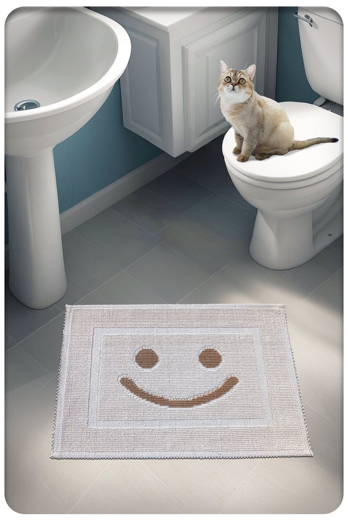 CottonCrafty Pamuk Dokuma Su Emici Banyo Paspası, Banyo Halısı smiley 60 x 50 cm