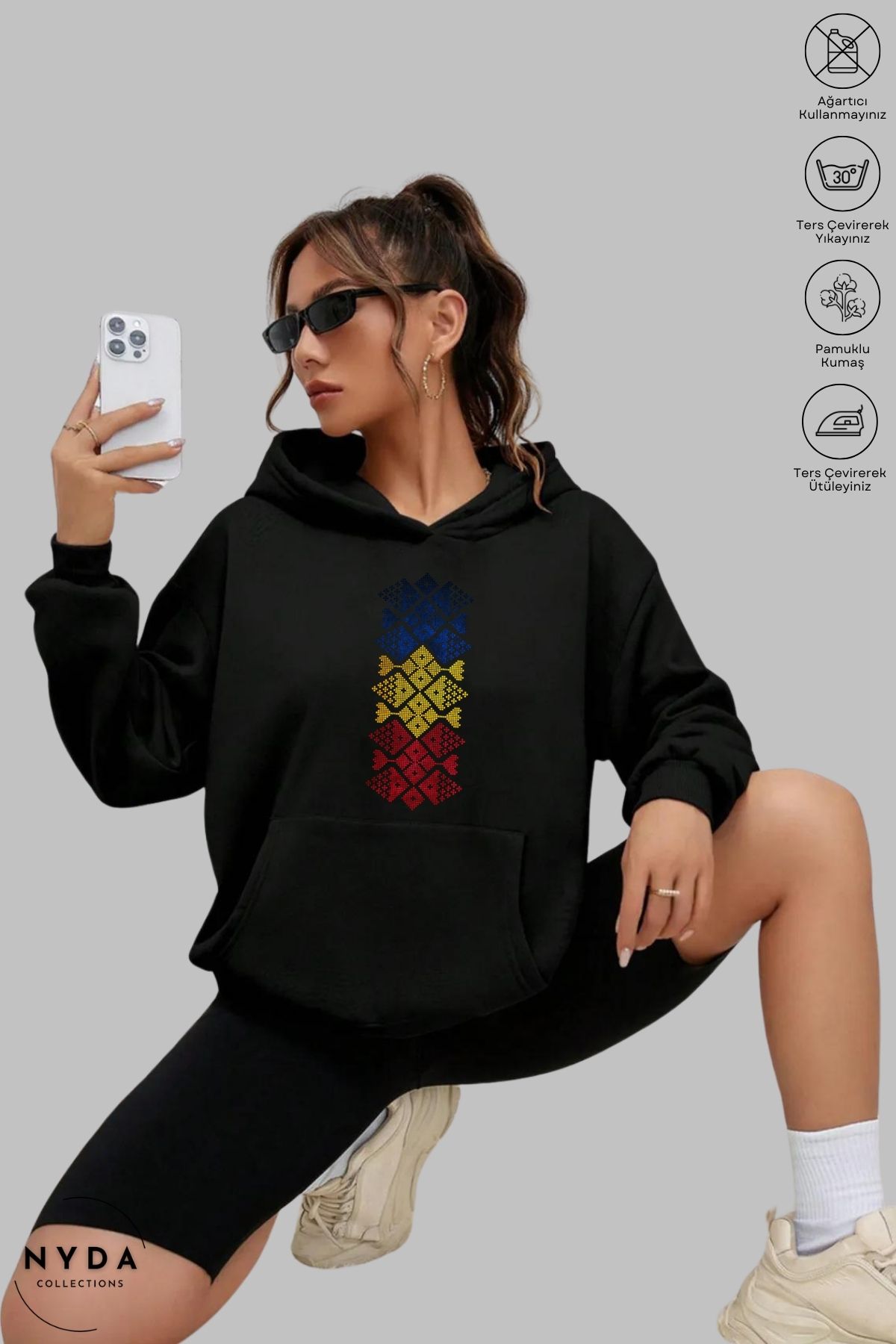 Nyda Collections Unisex Hoodie Uzun Kollu Romania Cusatura Baskılı Kapüşonlu Şardonlu Oversize Pamuk Sweatshirt