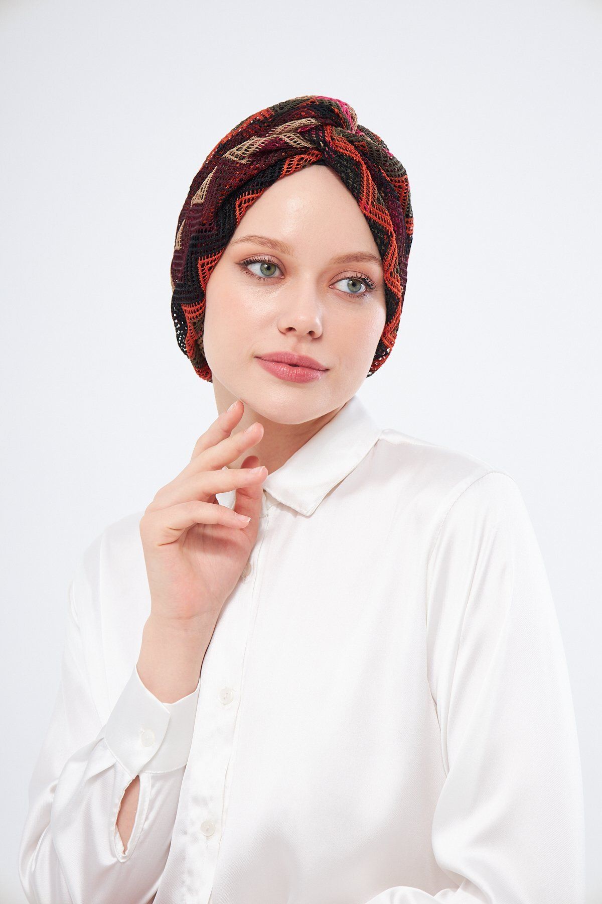 HÜRREM BONE-Loose Hijab Bonnet - Black Gathered and Knitted Patterned Mesh 2403_01 5