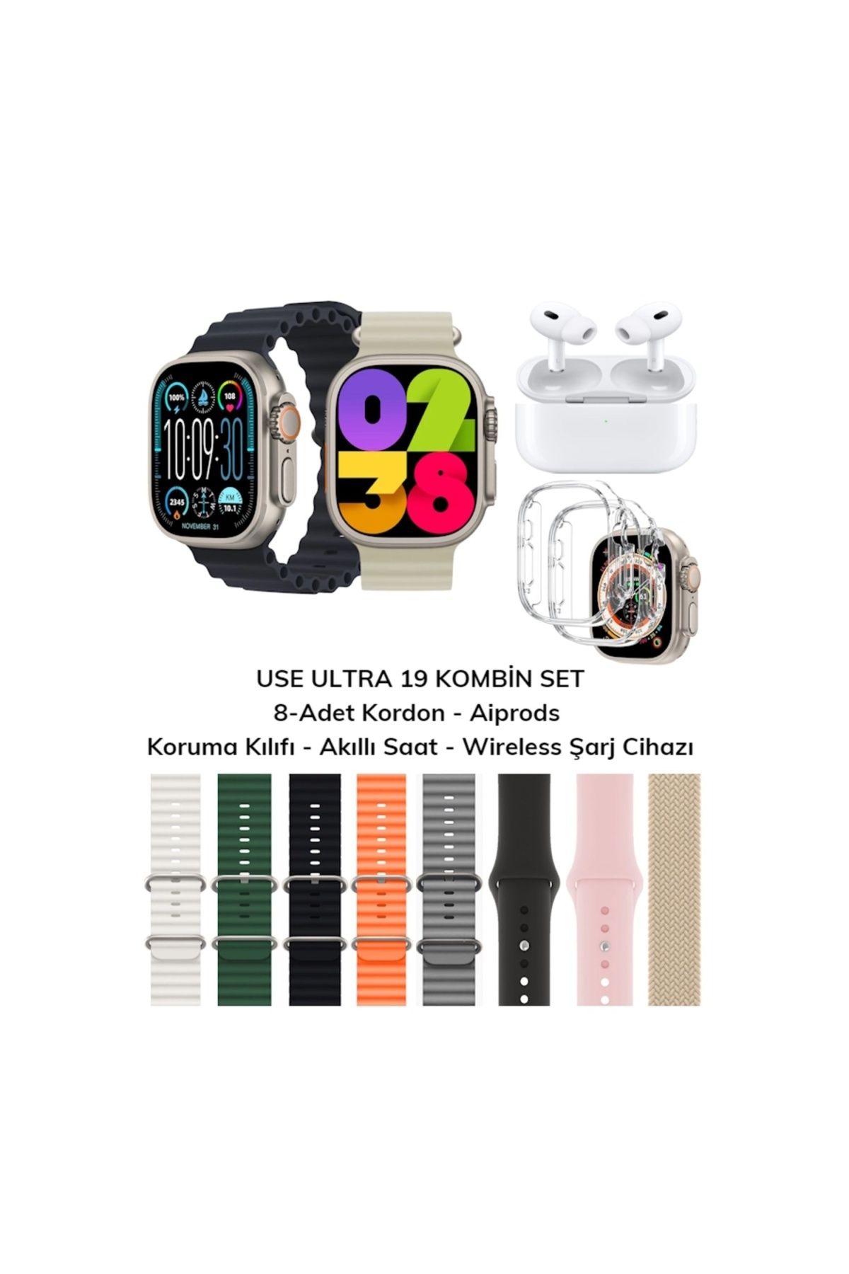 SONREİR Watch Use 19 Ultra Akıllı Saat 8 Kordonlu-Bluetooth Kulaklık-Koruma Kılıfı iPhone Huawei Uyumlu 8-9