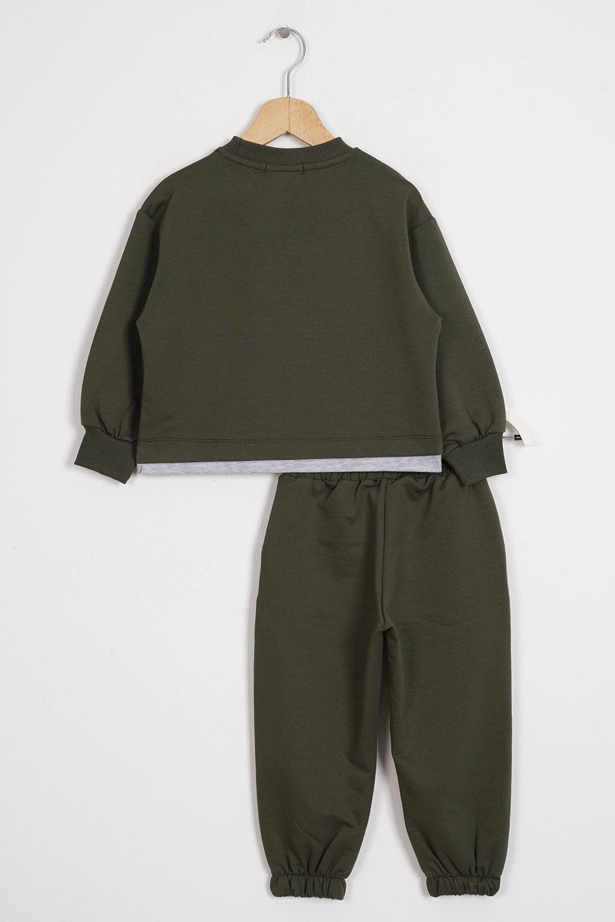 zepkids-Khaki Color Boy's Tracksuit Set with Text Printed Skirt Tip Garnish 3