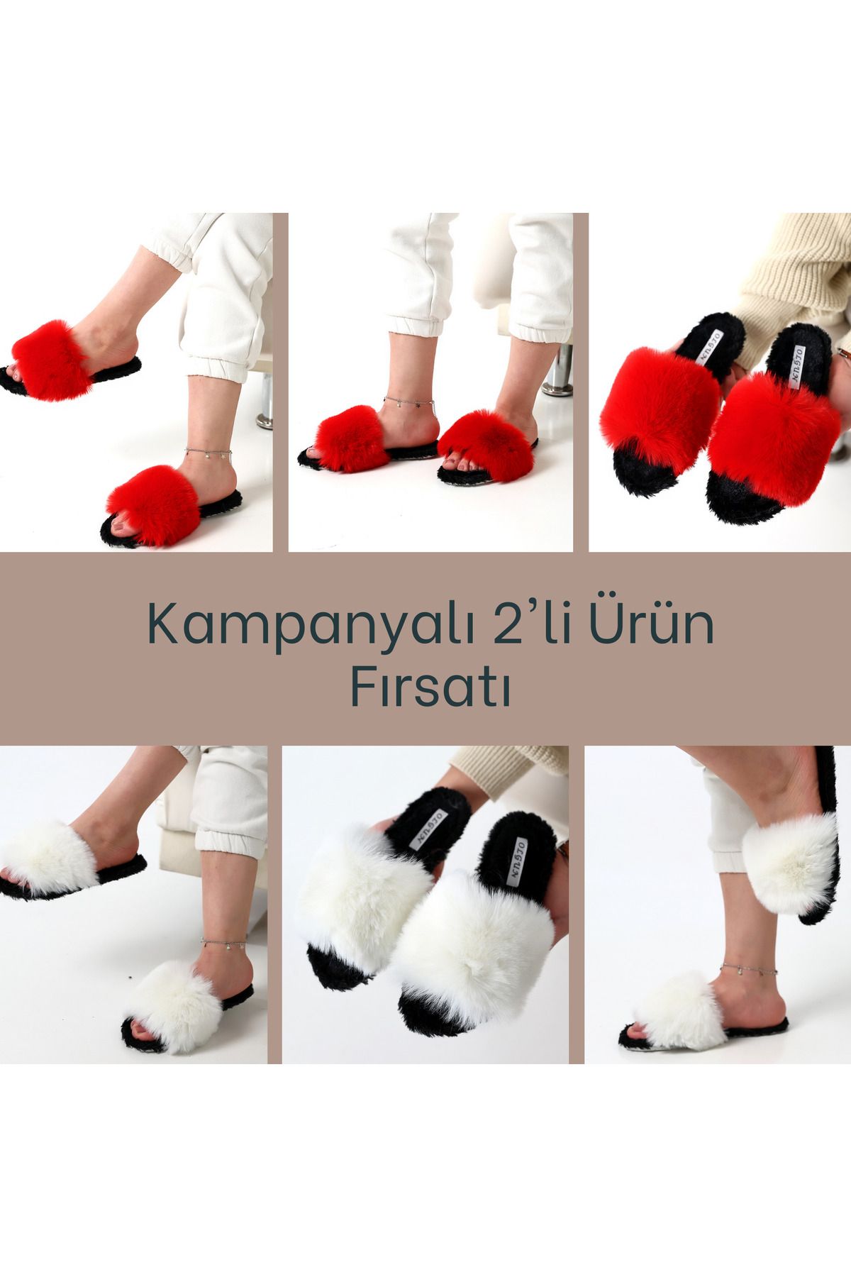 olgun slipper 2li Tüylü Şık Ev Terliği Kırmızı-Beyaz