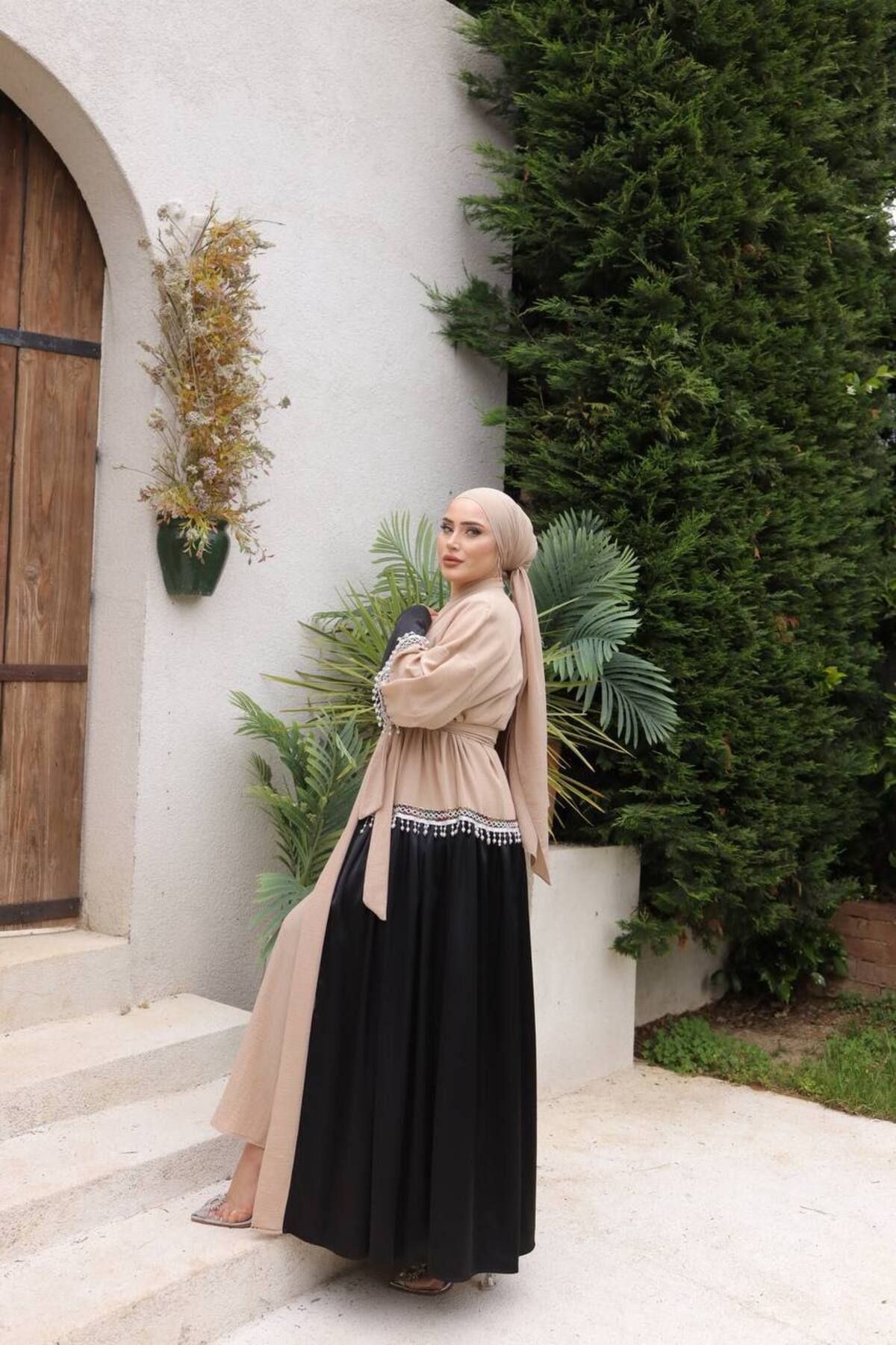 NHMODA İnci Detaylı Kuşaklı İkili Abaya takımı