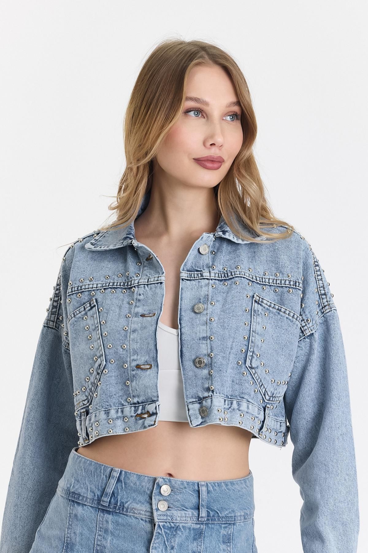 DAMGA JEANS Kadın Jeans Taşlı Kısa Crop Buz Mavi Kot Ceket